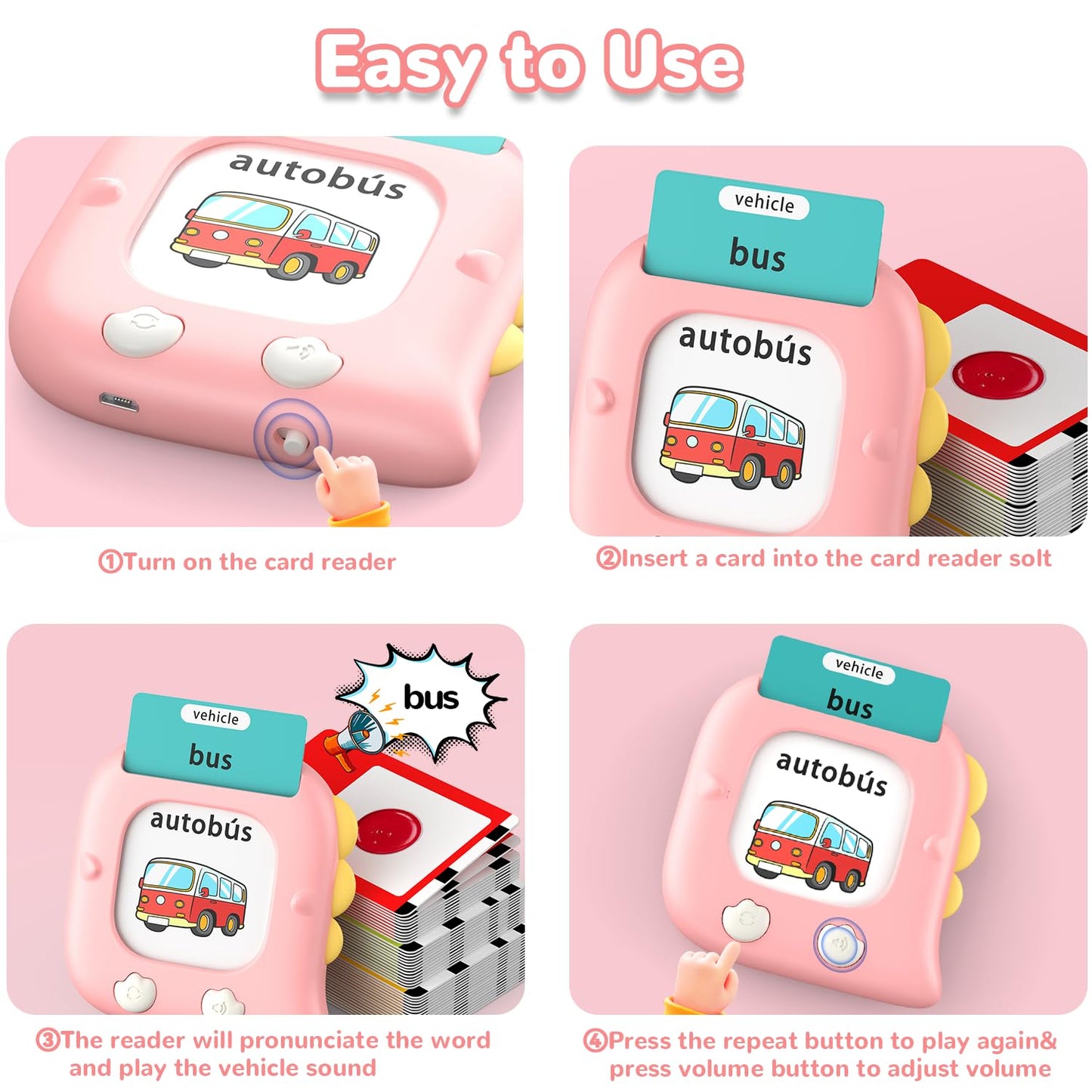 Kidz do 520 Bilingual Spanish-English Talking Flash Cards – Portable Language Toy for 2–6 Year Old Girls (Pink)