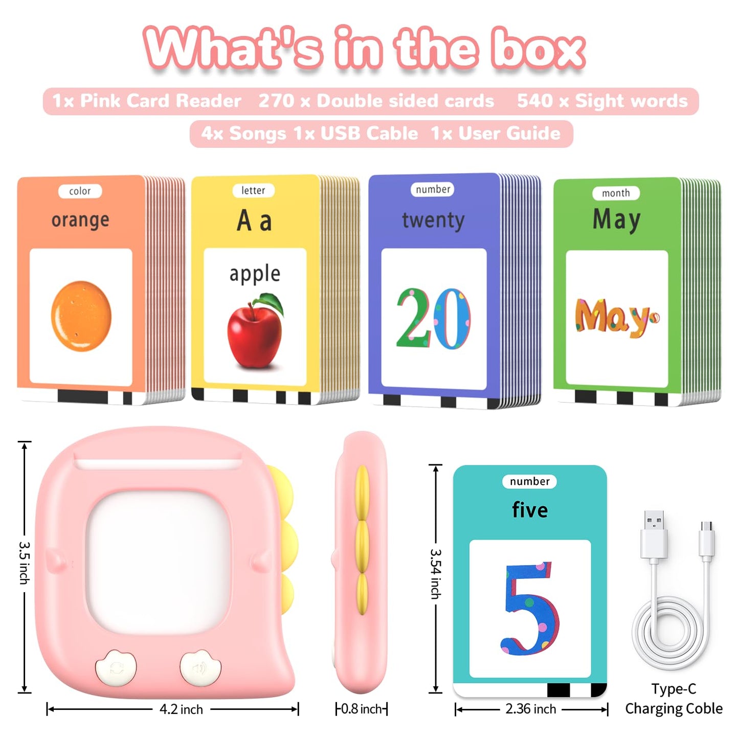 Kidzdo 520 ABCs Sight Word Talking Flash Cards for Toddlers – Ages 2-6 | Pink