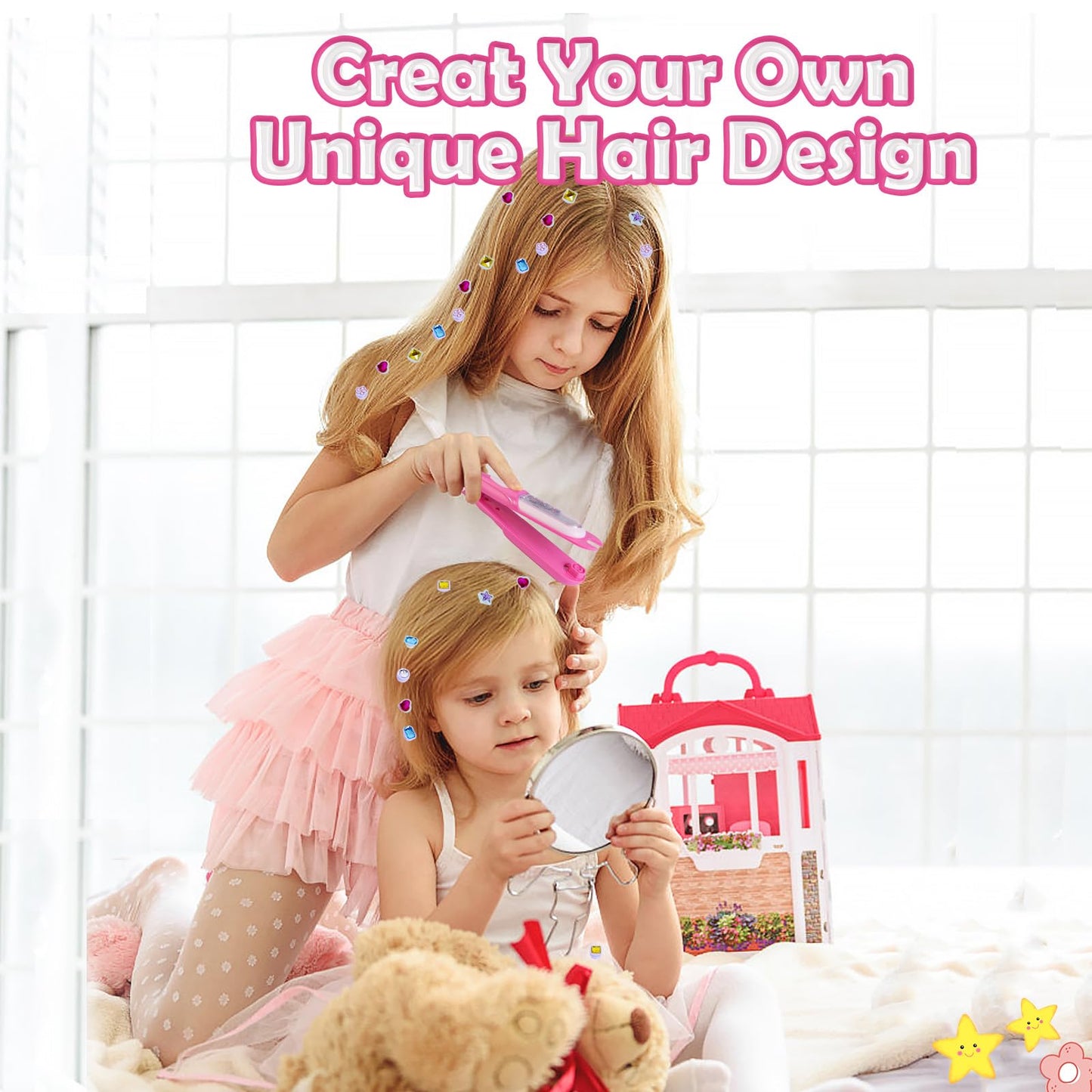 KidzKube Hair Gem Stamper Kit – Reusable Sparkling Hair Jewels for Girls (Pink)
