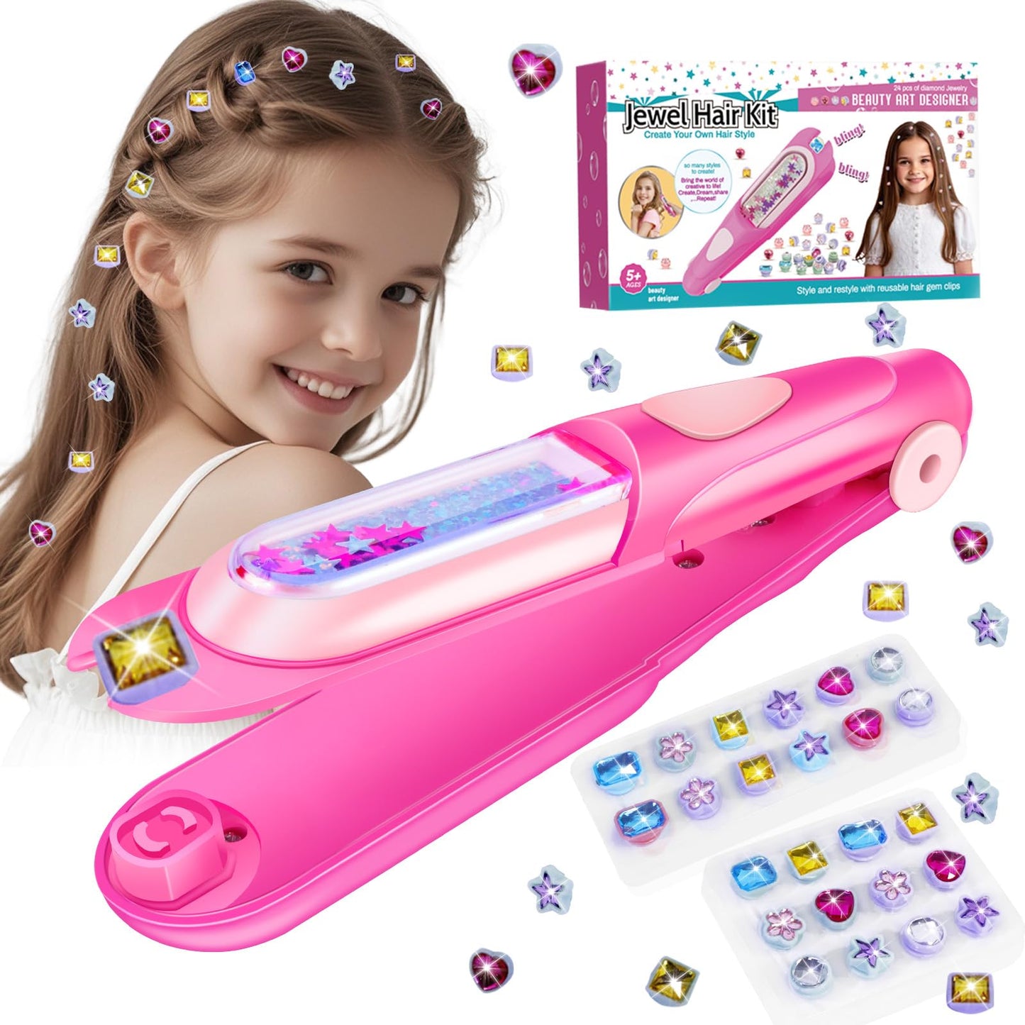 KidzKube Hair Gem Stamper Kit – Reusable Sparkling Hair Jewels for Girls (Pink)