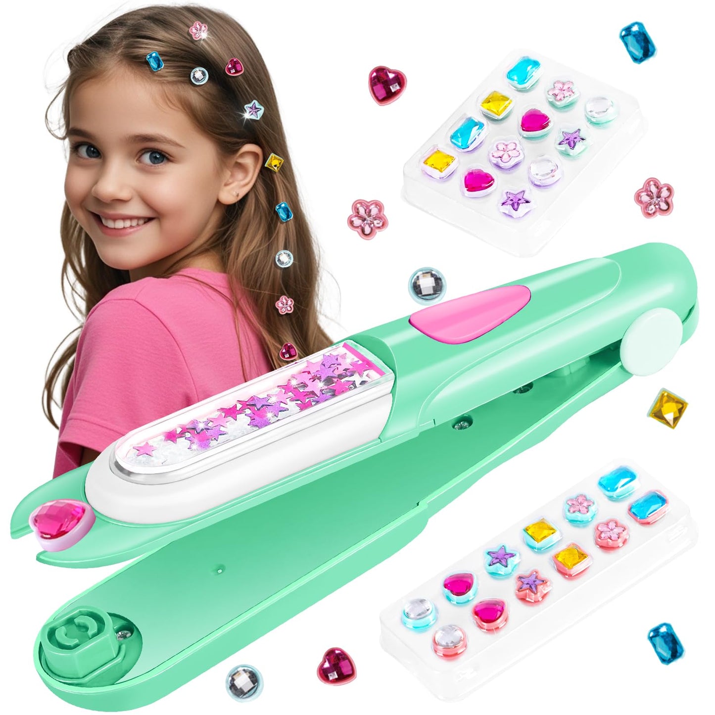 Kidzkube Hair Gem Stamper Kit – Reusable Sparkling Hair Jewels for Girls (Green)