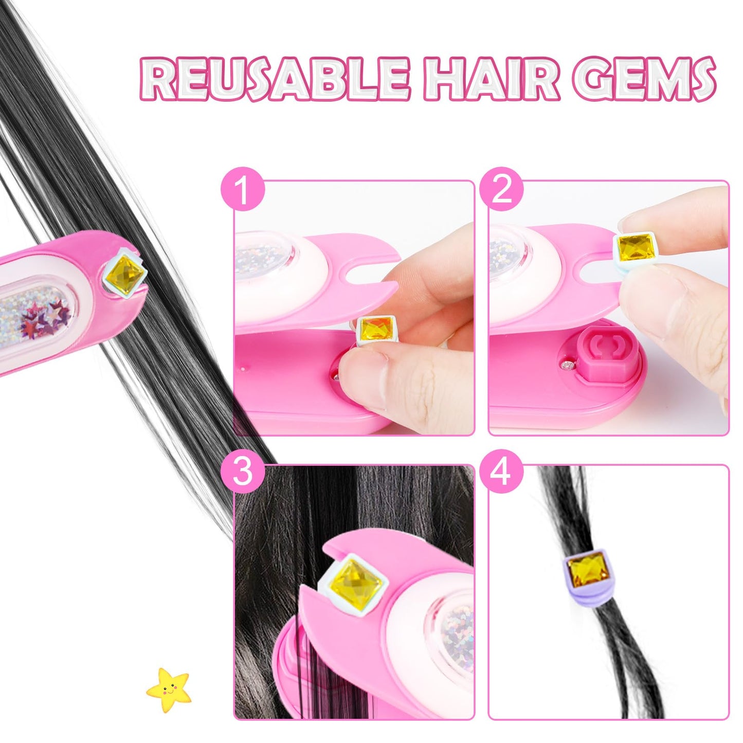KidzKube Hair Gem Stamper Kit – Reusable Sparkling Hair Jewels for Girls (Pink)