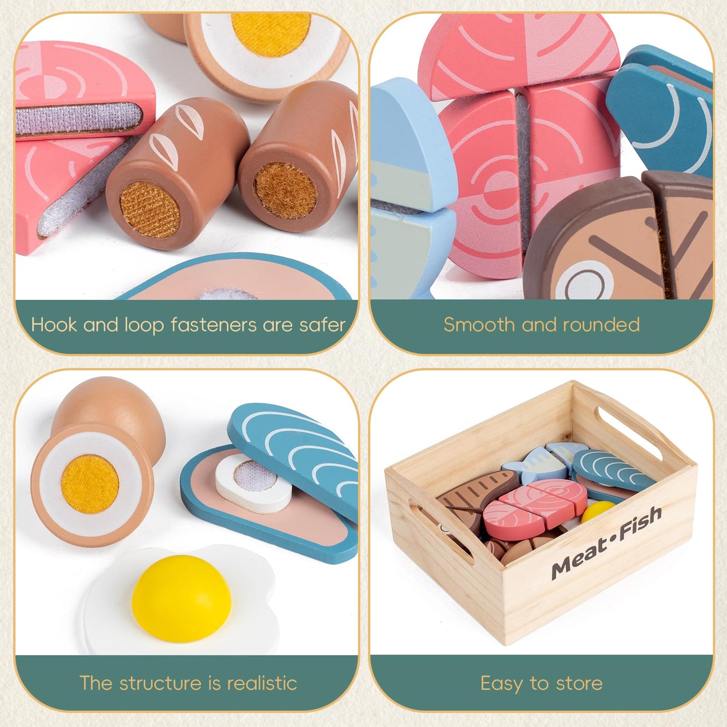 Kienvy 10-Piece Meat & Fish Wooden Play Food Set for Kids | Realistic Pretend Kitchen Toys