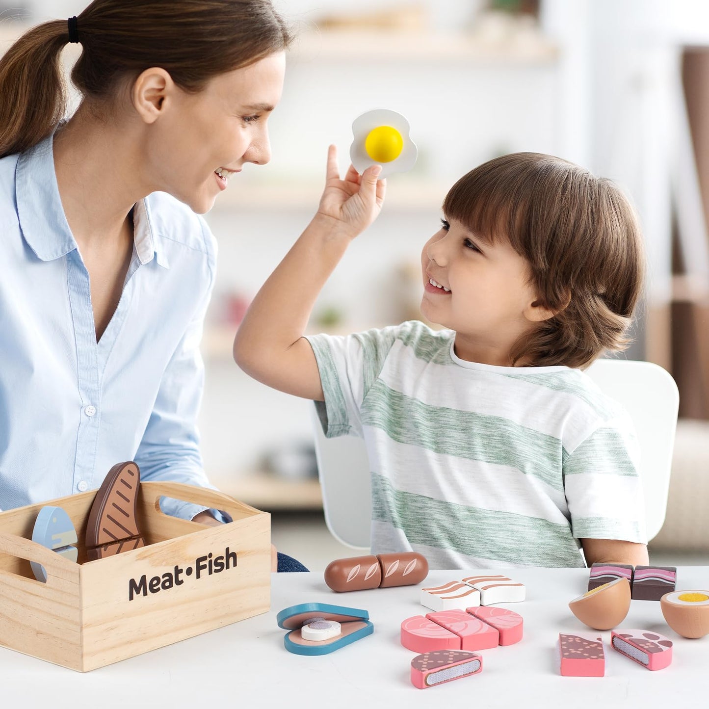 Kienvy 10-Piece Meat & Fish Wooden Play Food Set for Kids | Realistic Pretend Kitchen Toys
