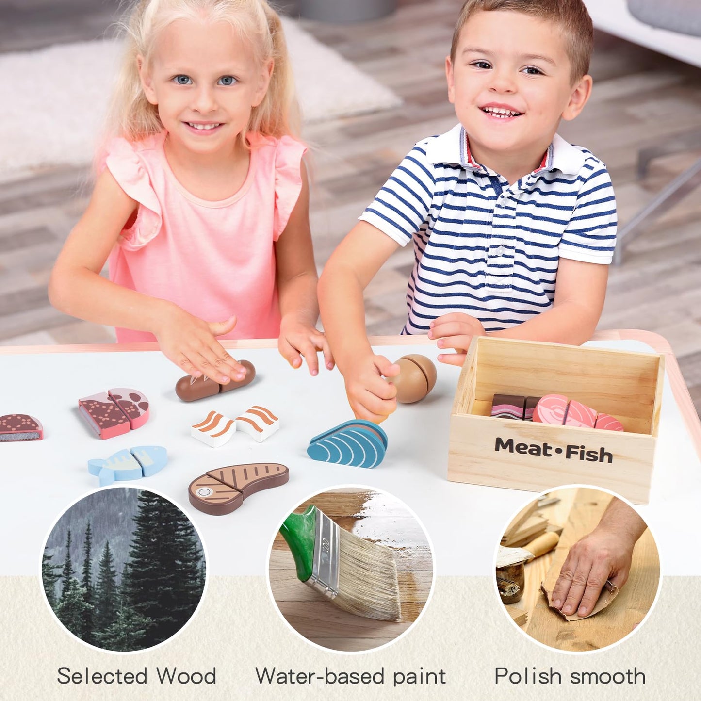 Kienvy 10-Piece Meat & Fish Wooden Play Food Set for Kids | Realistic Pretend Kitchen Toys