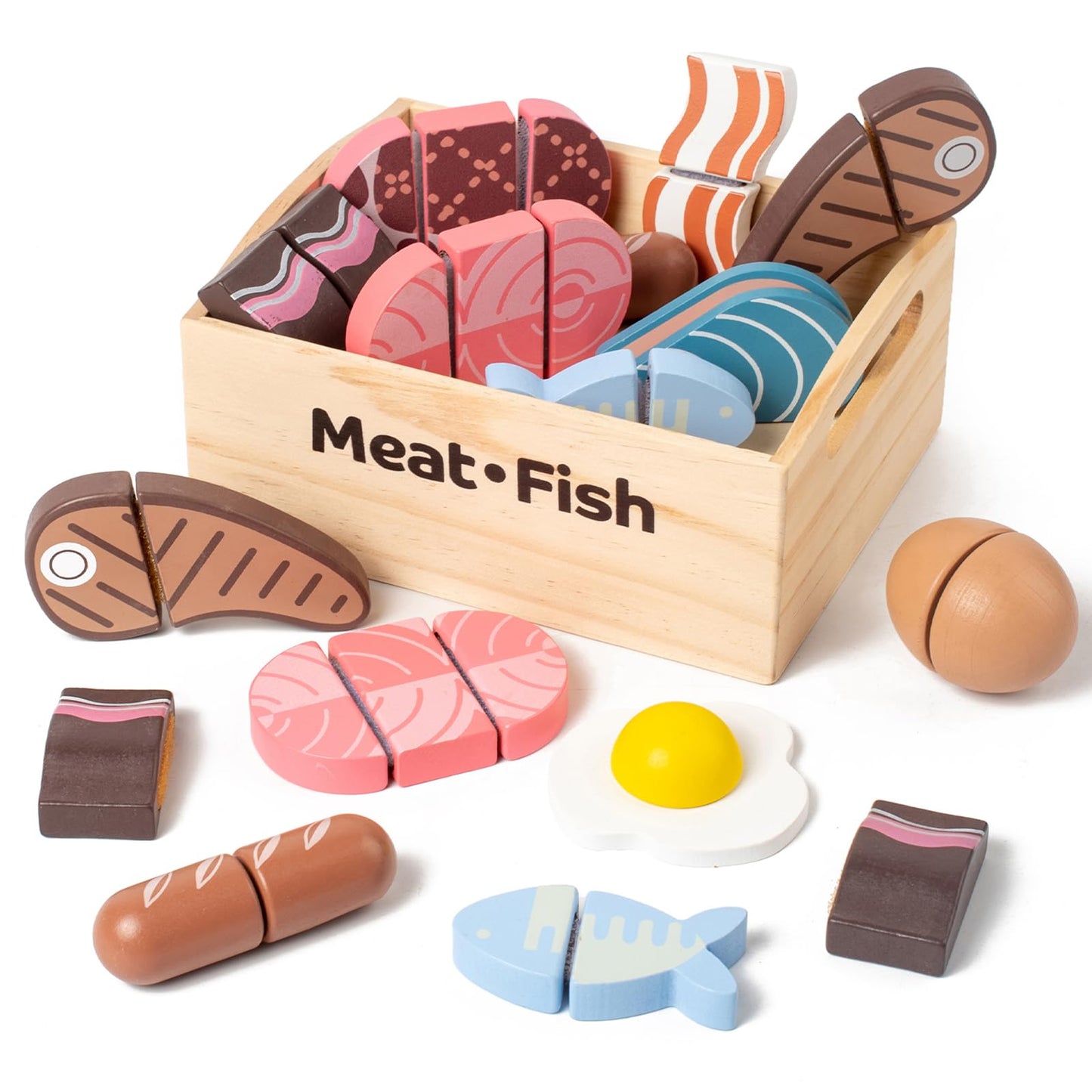 Kienvy 10-Piece Meat & Fish Wooden Play Food Set for Kids | Realistic Pretend Kitchen Toys