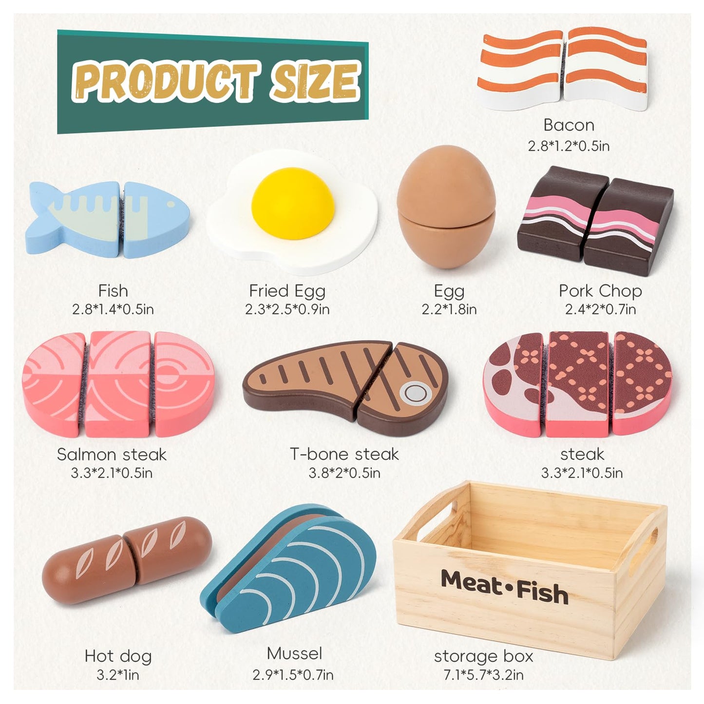 Kienvy 10-Piece Meat & Fish Wooden Play Food Set for Kids | Realistic Pretend Kitchen Toys