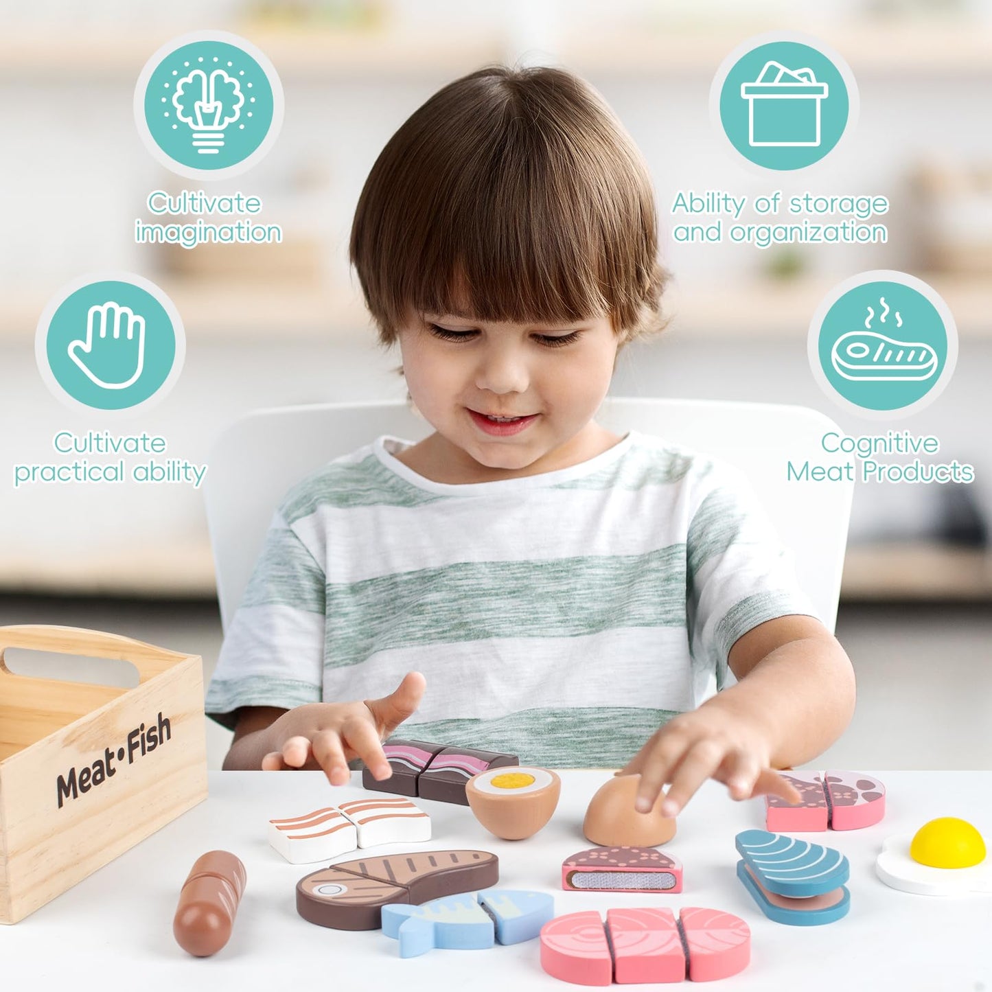 Kienvy 10-Piece Meat & Fish Wooden Play Food Set for Kids | Realistic Pretend Kitchen Toys