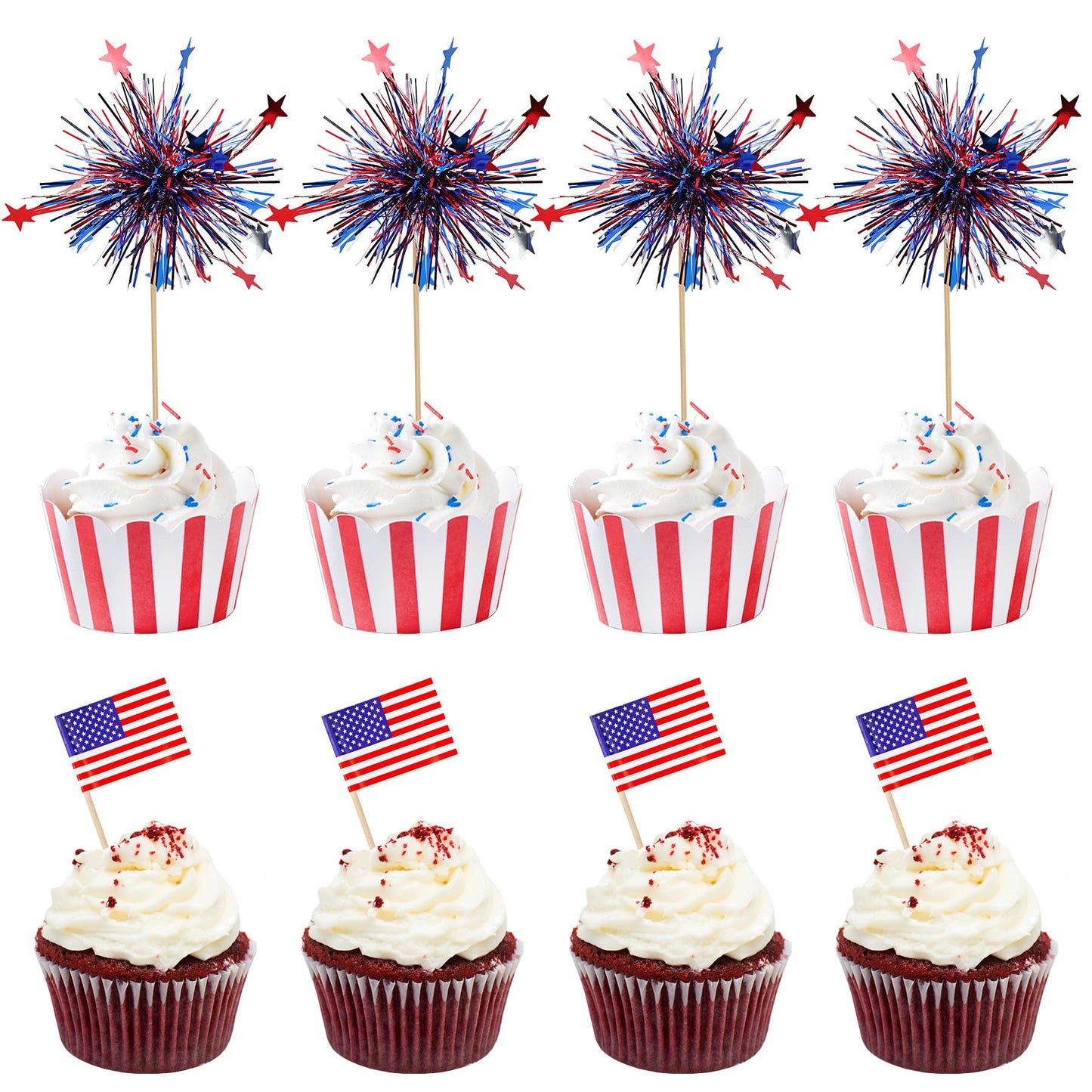 KIGEAPUEL 100Pcs American Flag & Firework Cupcake Toppers – 4th of July Party Decorations