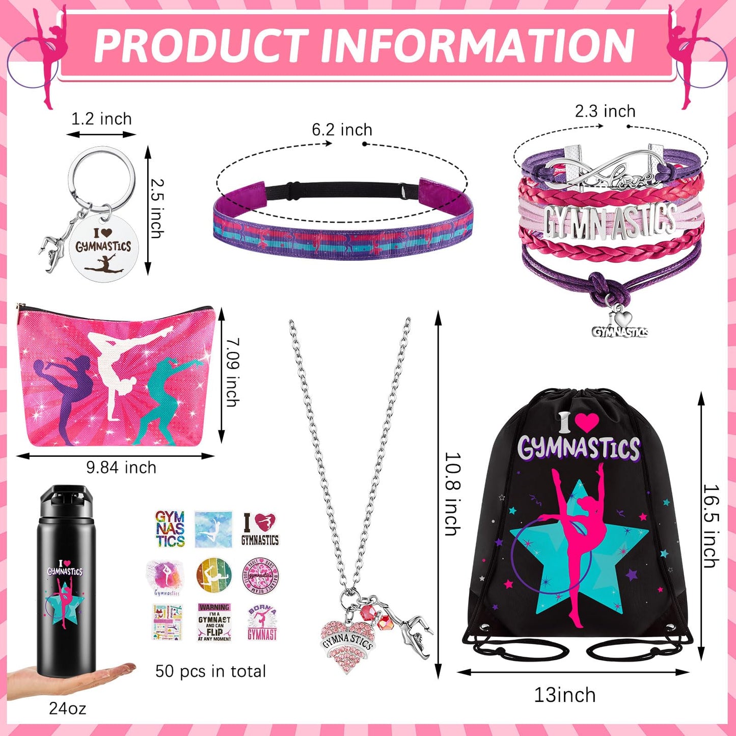 Kigeli Gymnastics Gift Set: Drawstring Bag, Headband, Necklace, Scrunchies & 50 Stickers