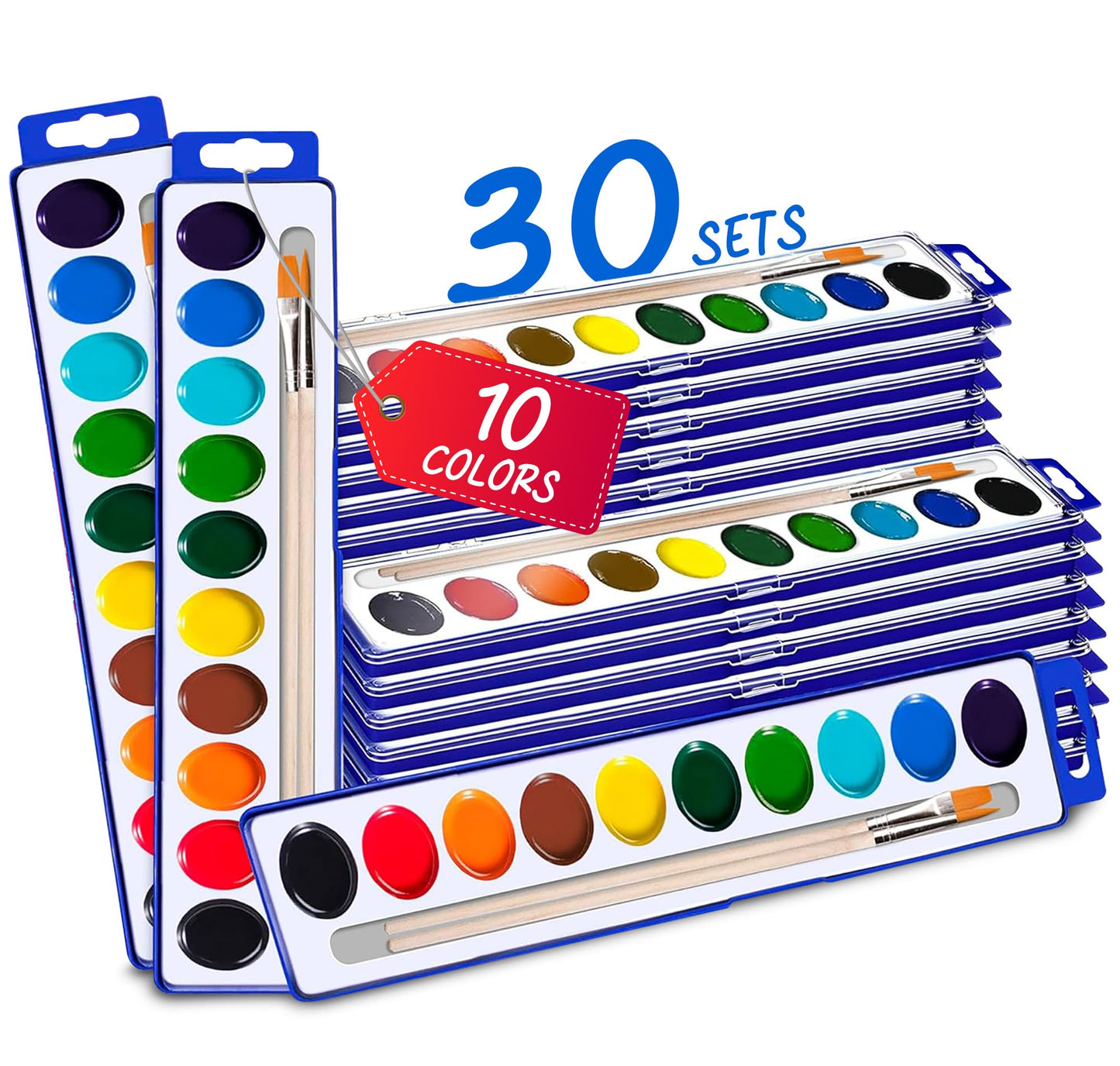 Kiggos 10-Color Watercolor Paint Sets for Kids – 30-Pack, Washable & Non-Toxic, Travel Kit & Party Favors