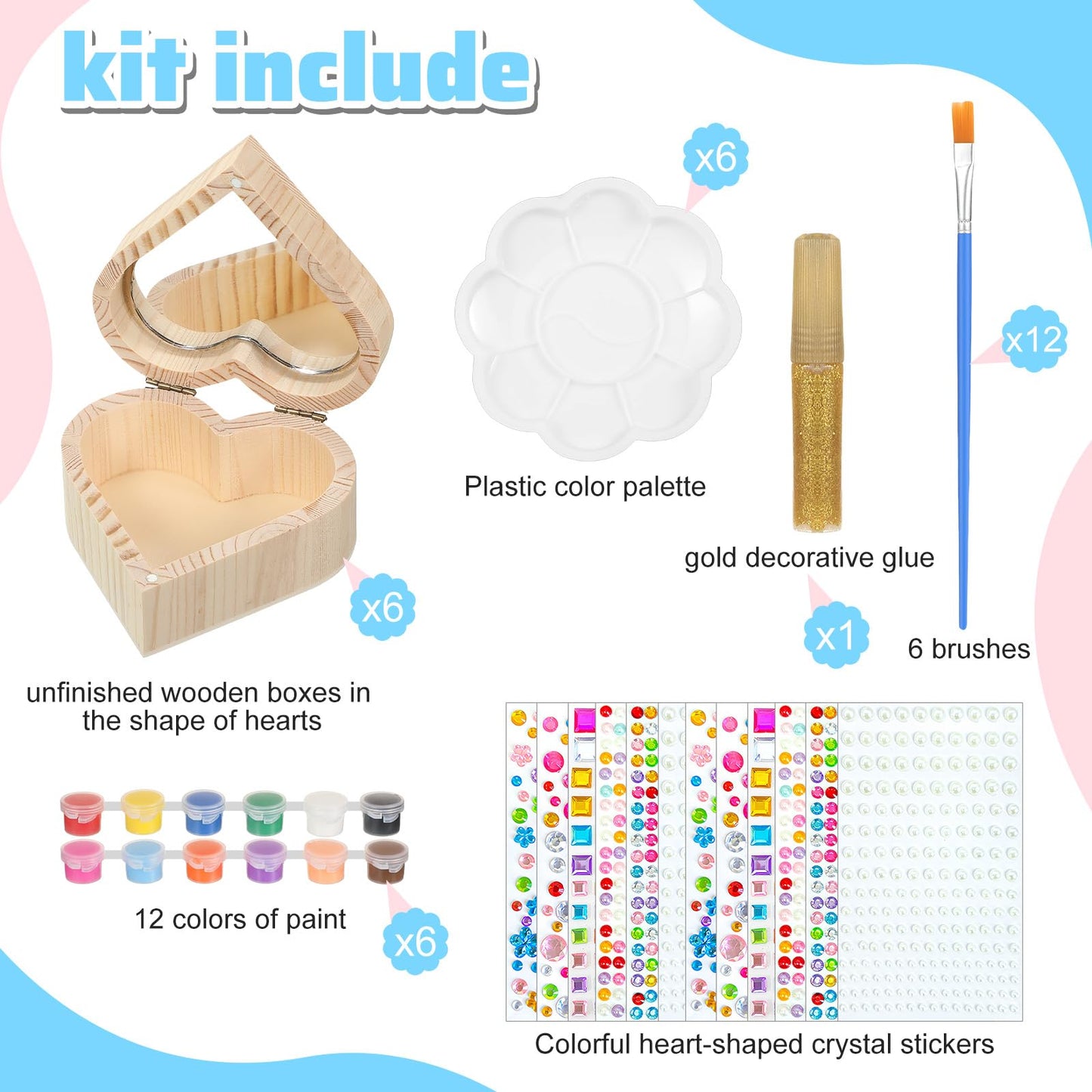 Kigley 6-Set Paint Your Own Heart Box Kit – DIY Wooden Boxes for Kids Ages 3-12