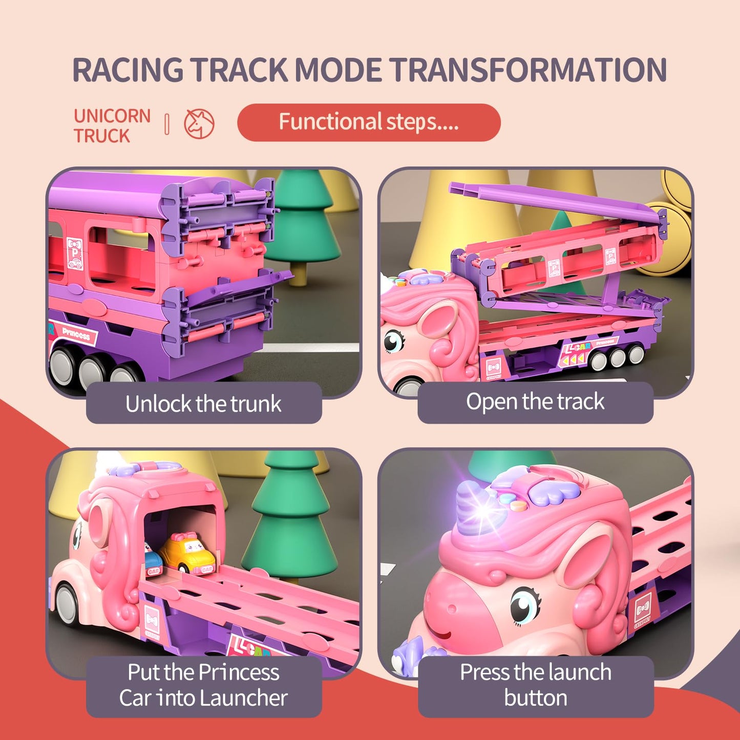 Kigwux Unicorn Racing Truck with Foldable 46-Inch Track and 9 Princess Cars