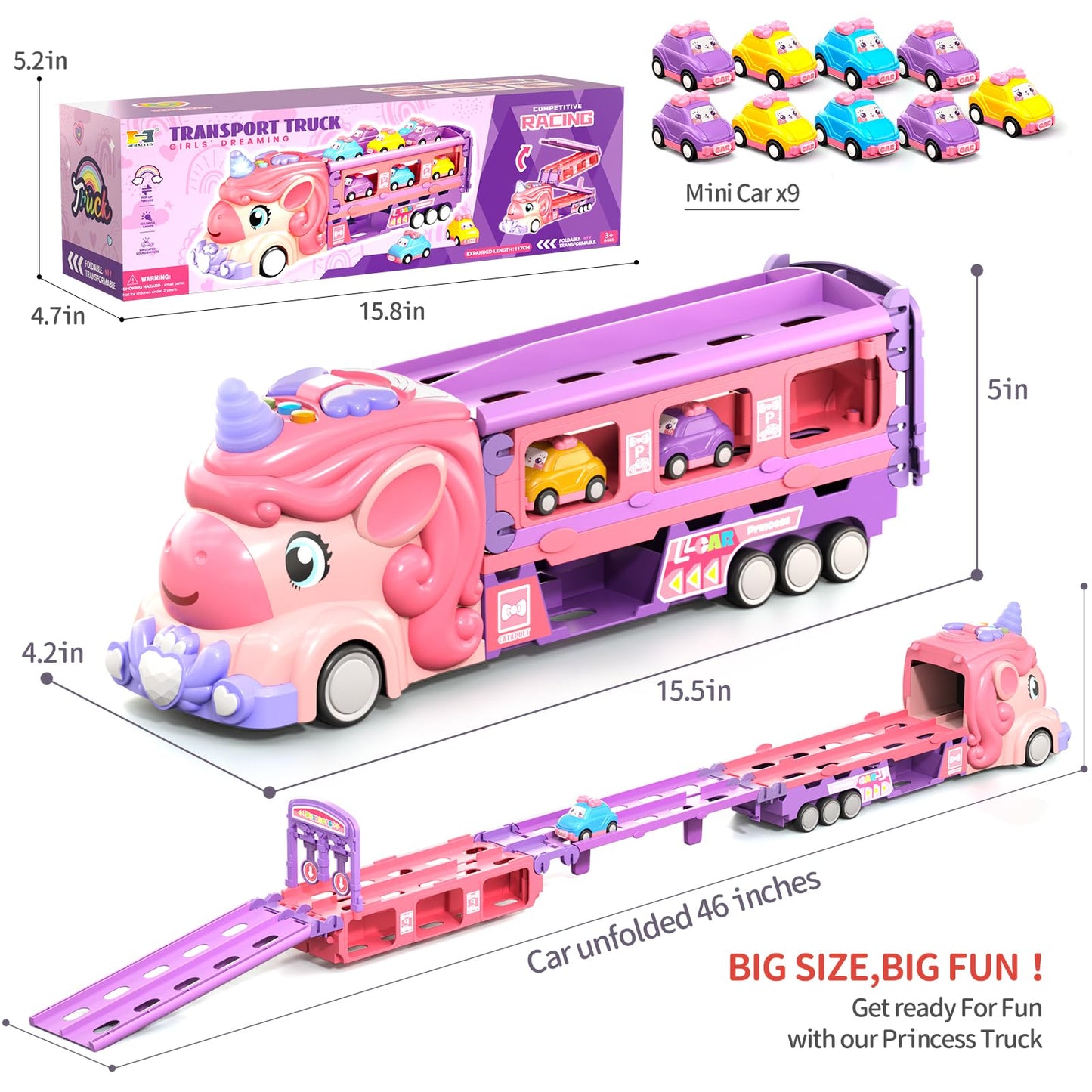 Kigwux Unicorn Racing Truck with Foldable 46-Inch Track and 9 Princess Cars
