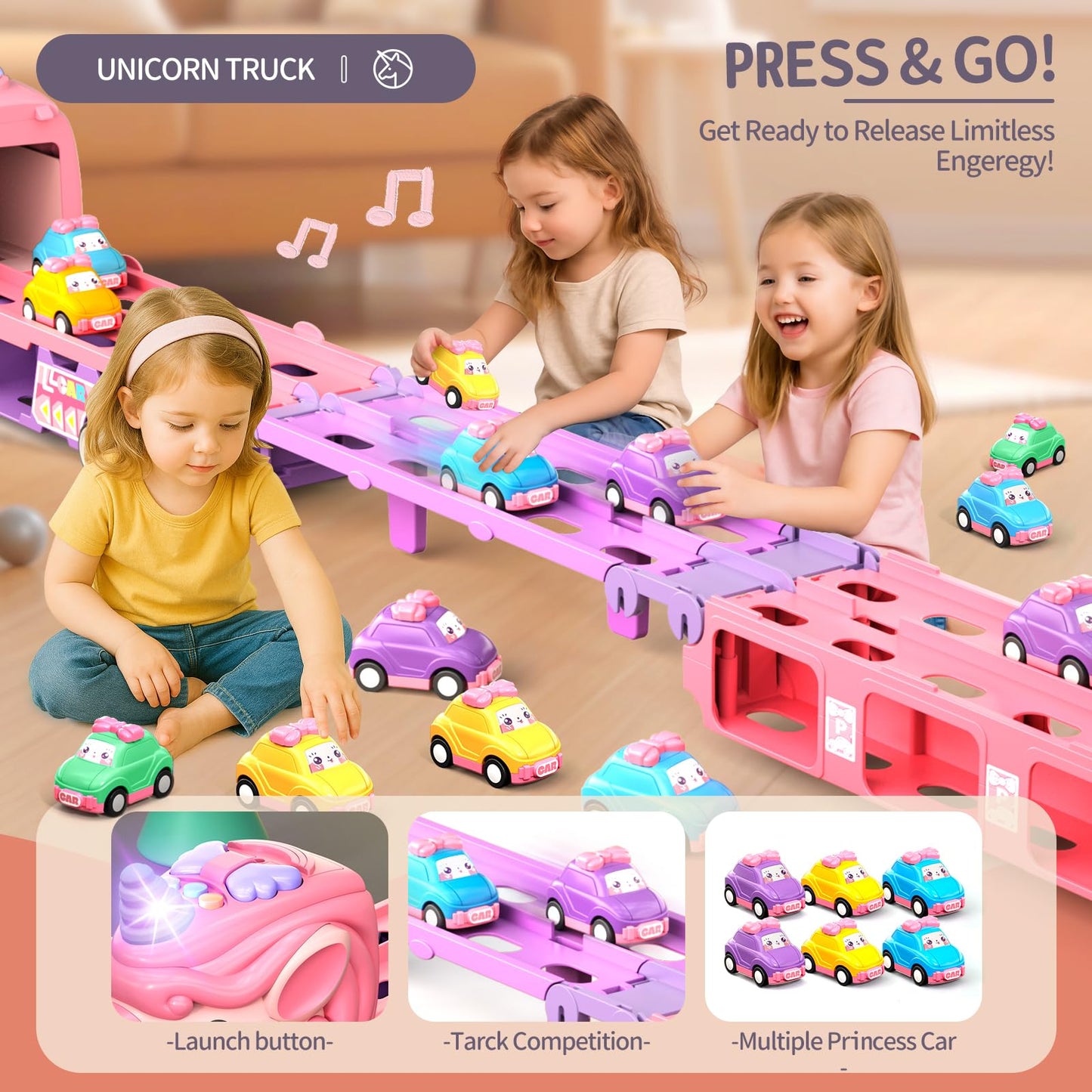 Kigwux Unicorn Racing Truck with Foldable 46-Inch Track and 9 Princess Cars