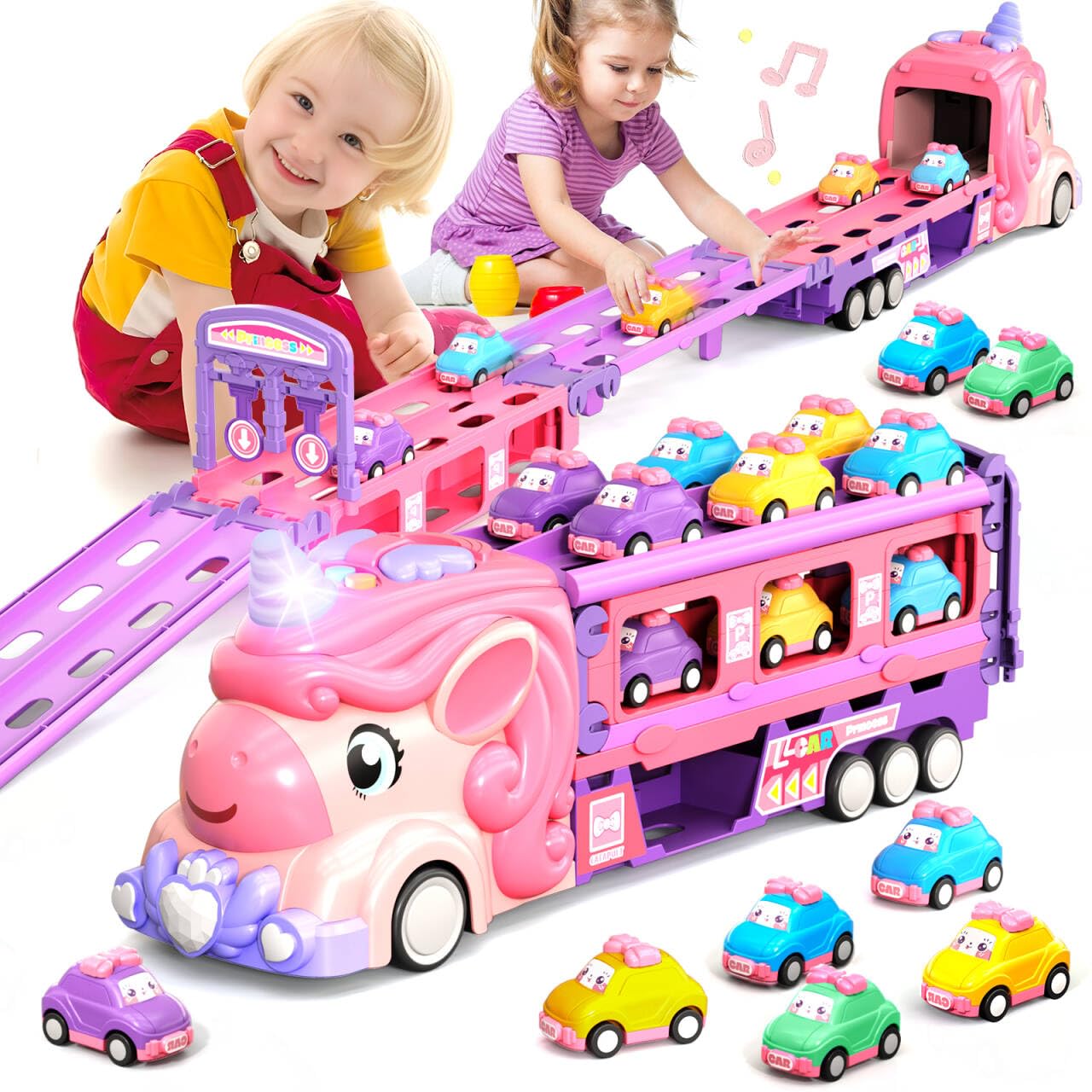 Kigwux Unicorn Racing Truck with Foldable 46-Inch Track and 9 Princess Cars