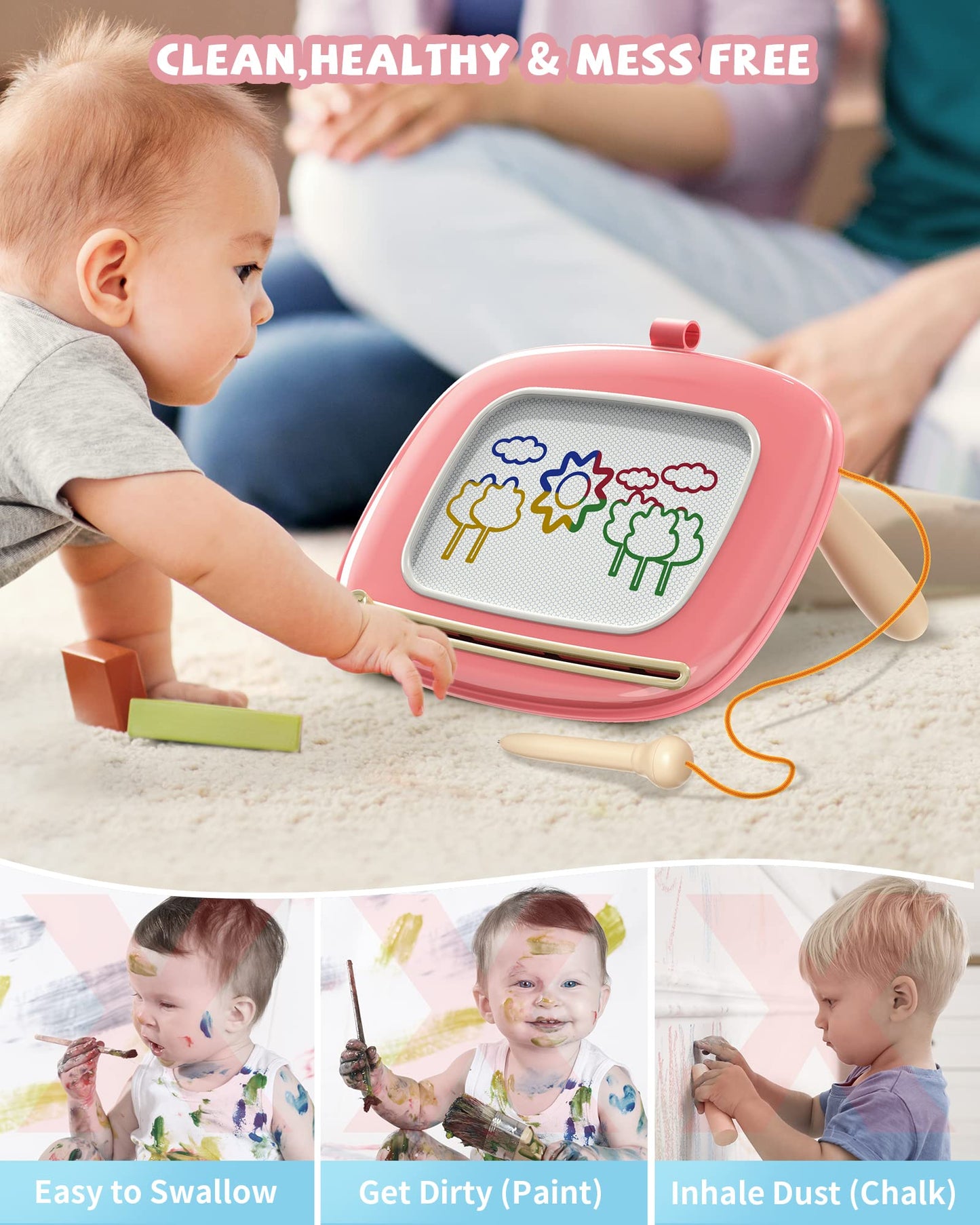 Kikapabi Toddler Magnetic Drawing Board – Pink 8.7” Doodle Toy for 1st Birthday and Travel