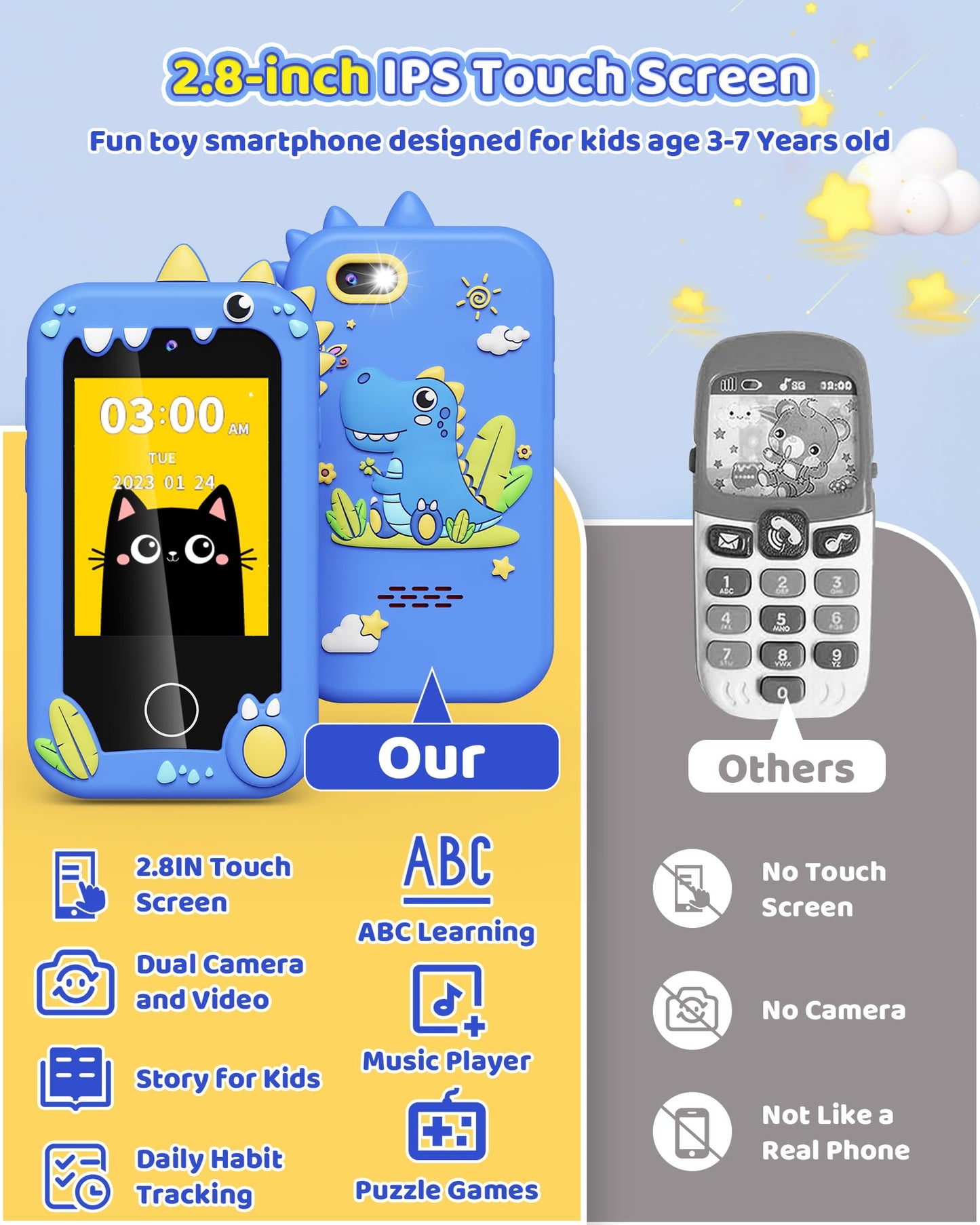 Kikapabi Kids Smart Phone (Blue) – Dual Camera Toy for Ages 3–10 | Dinosaur Travel Phone