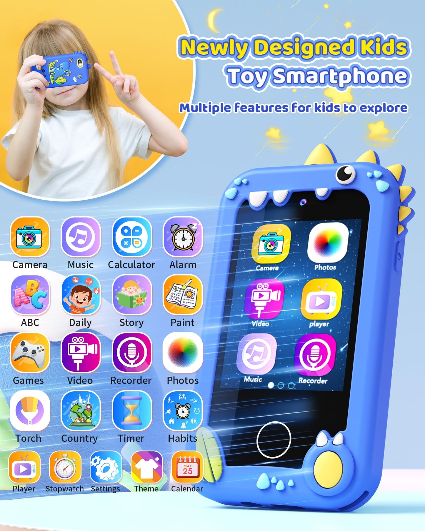 Kikapabi Kids Smart Phone (Blue) – Dual Camera Toy for Ages 3–10 | Dinosaur Travel Phone