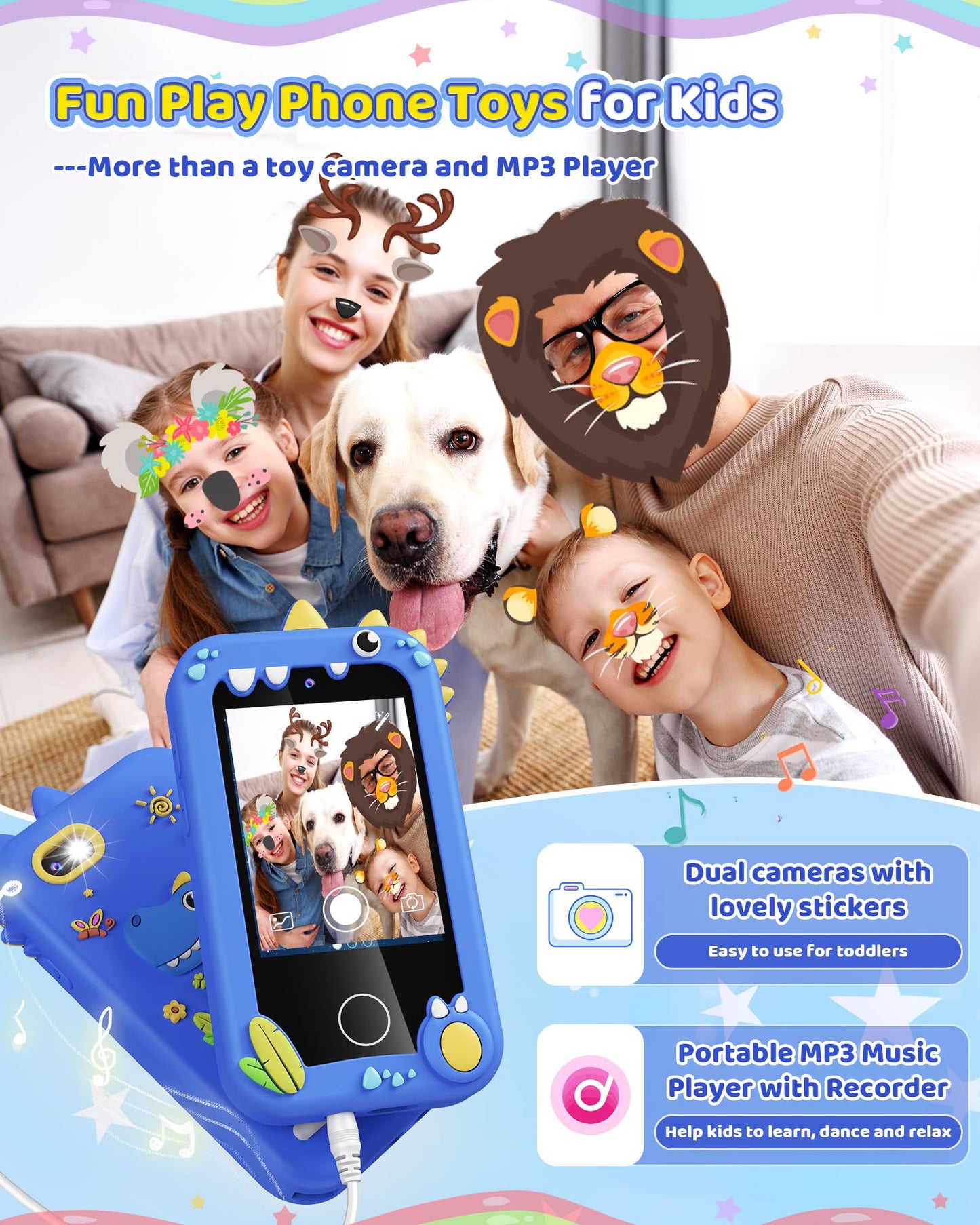 Kikapabi Kids Smart Phone (Blue) – Dual Camera Toy for Ages 3–10 | Dinosaur Travel Phone