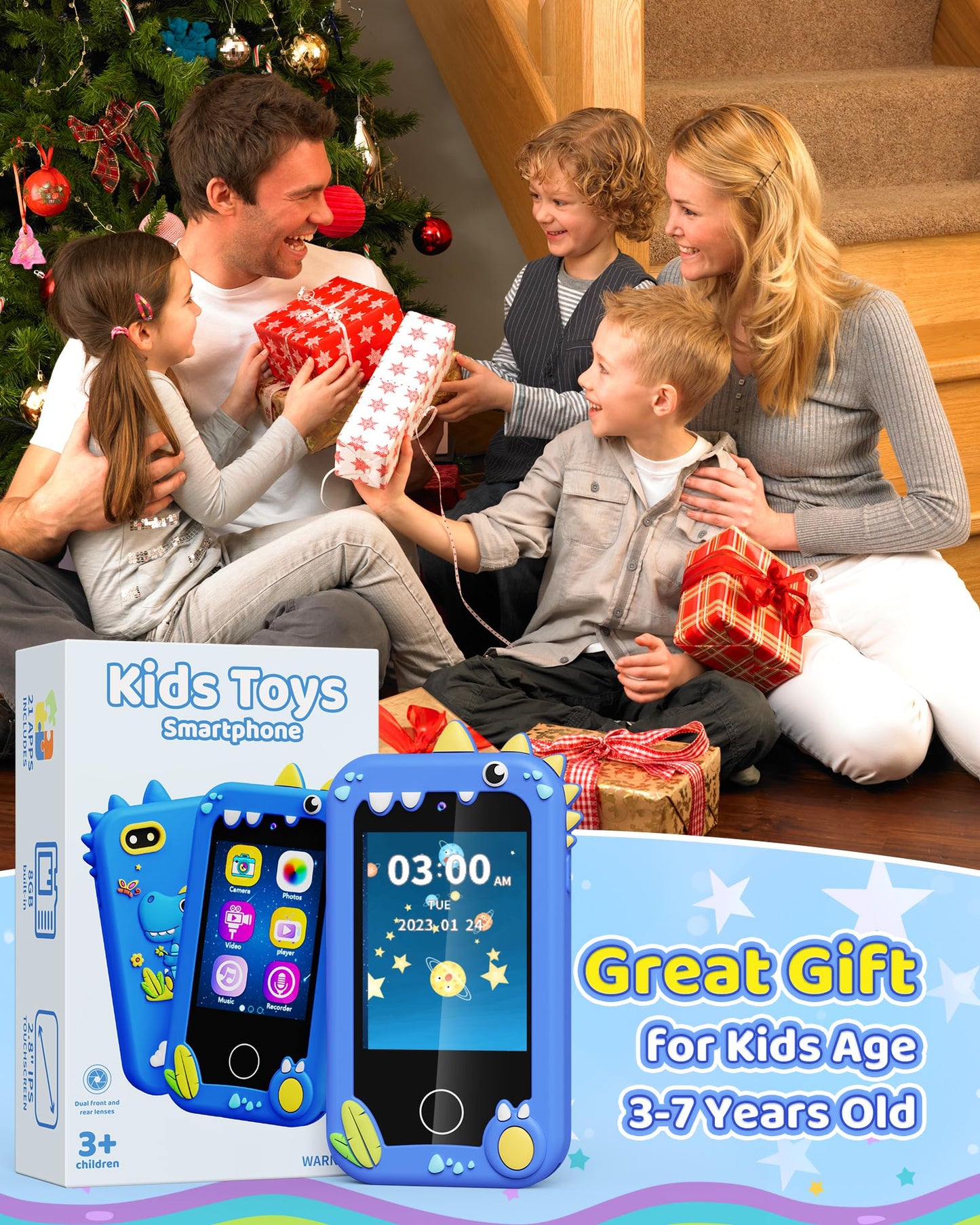 Kikapabi Kids Smart Phone (Blue) – Dual Camera Toy for Ages 3–10 | Dinosaur Travel Phone