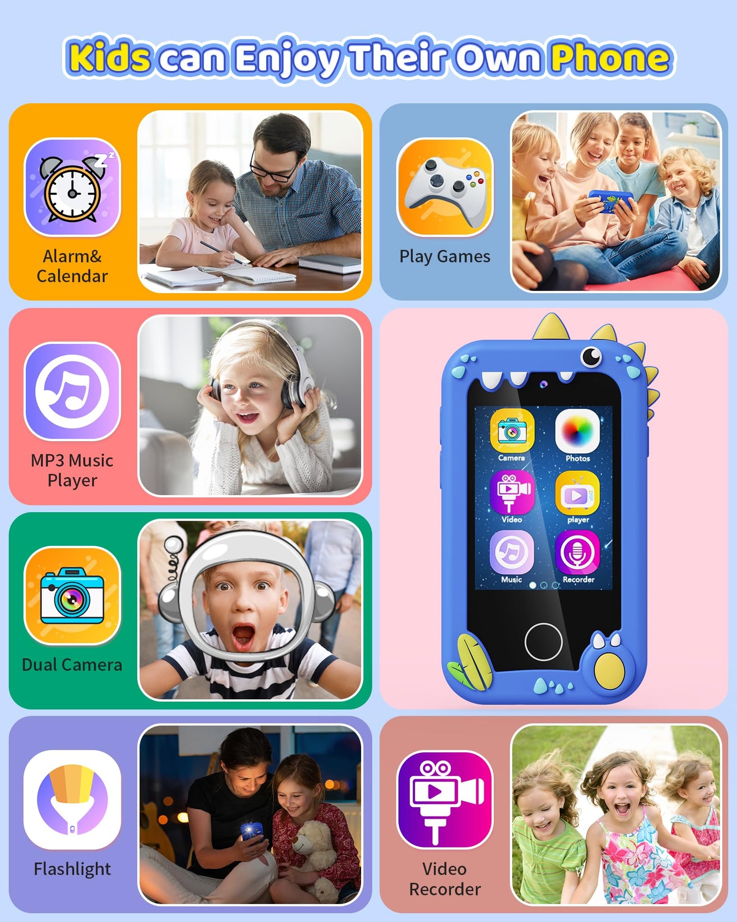 Kikapabi Kids Smart Phone (Blue) – Dual Camera Toy for Ages 3–10 | Dinosaur Travel Phone
