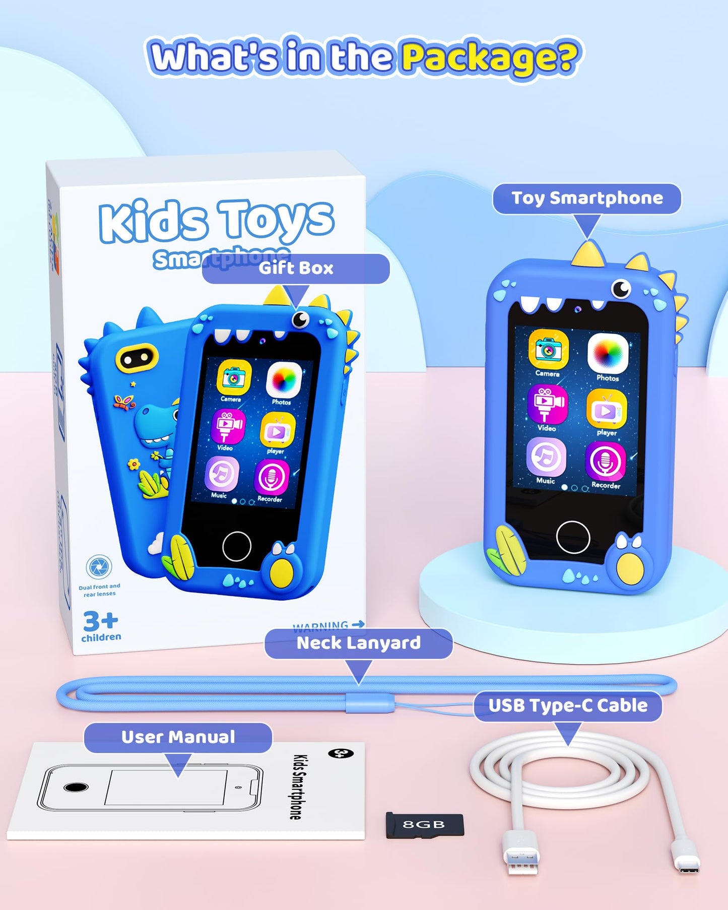 Kikapabi Kids Smart Phone (Blue) – Dual Camera Toy for Ages 3–10 | Dinosaur Travel Phone