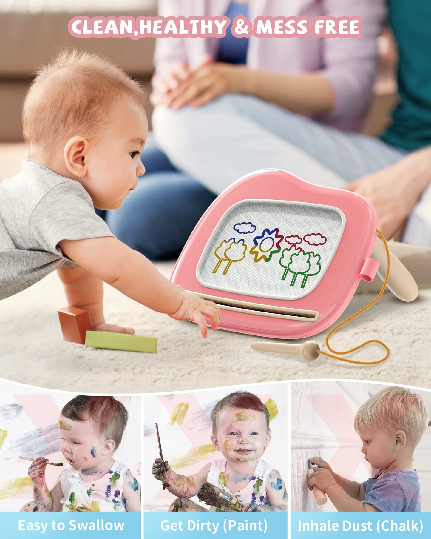 Kikapabi Magnetic Drawing Board for Toddlers 1-3 – Pink Doodle Toy, Mess-Free Learning