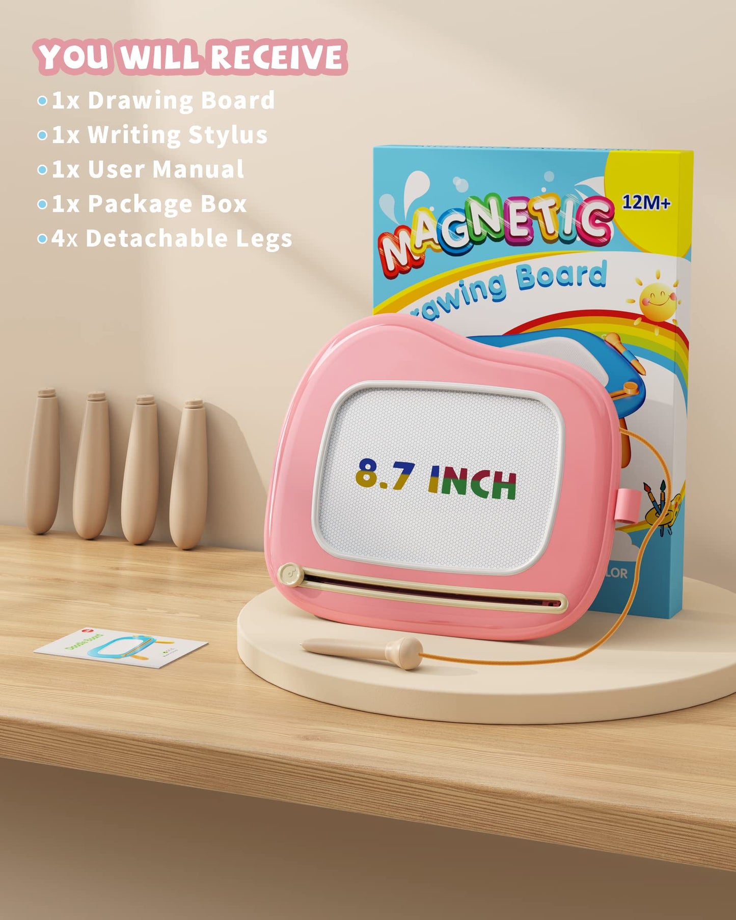 Kikapabi Magnetic Drawing Board for Toddlers 1-3 – Pink Doodle Toy, Mess-Free Learning