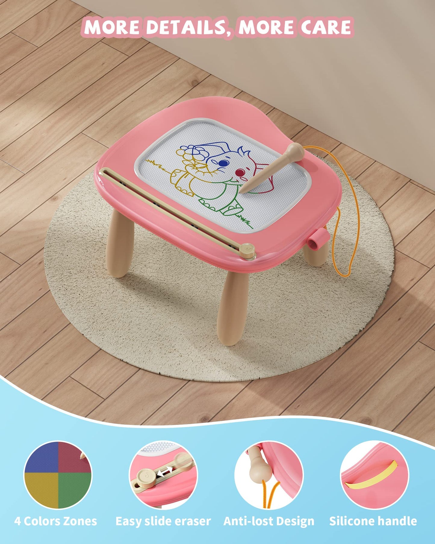 Kikapabi Magnetic Drawing Board for Toddlers 1-3 – Pink Doodle Toy, Mess-Free Learning