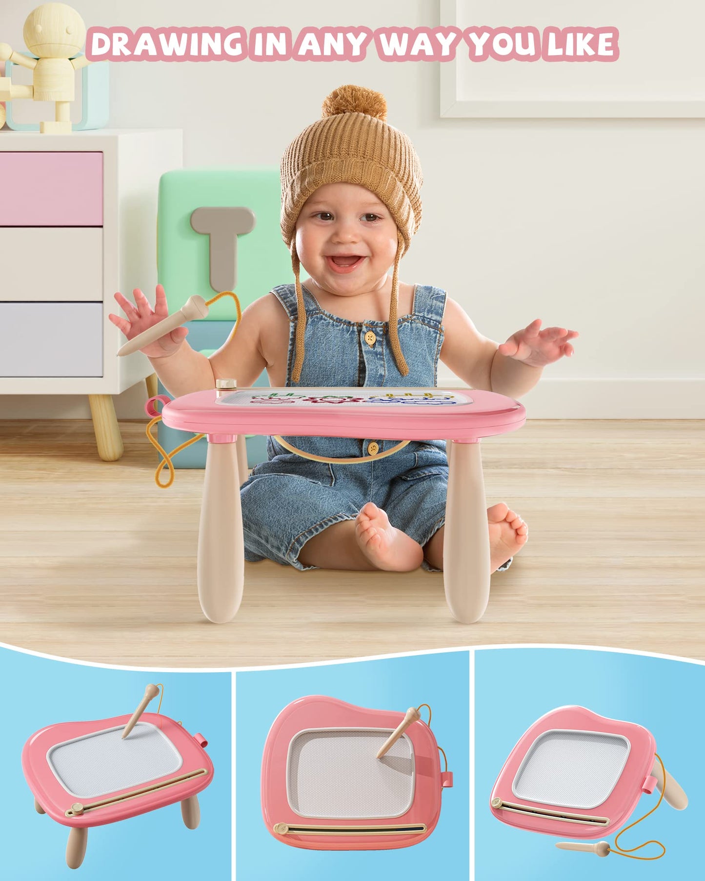 Kikapabi Magnetic Drawing Board for Toddlers 1-3 – Pink Doodle Toy, Mess-Free Learning