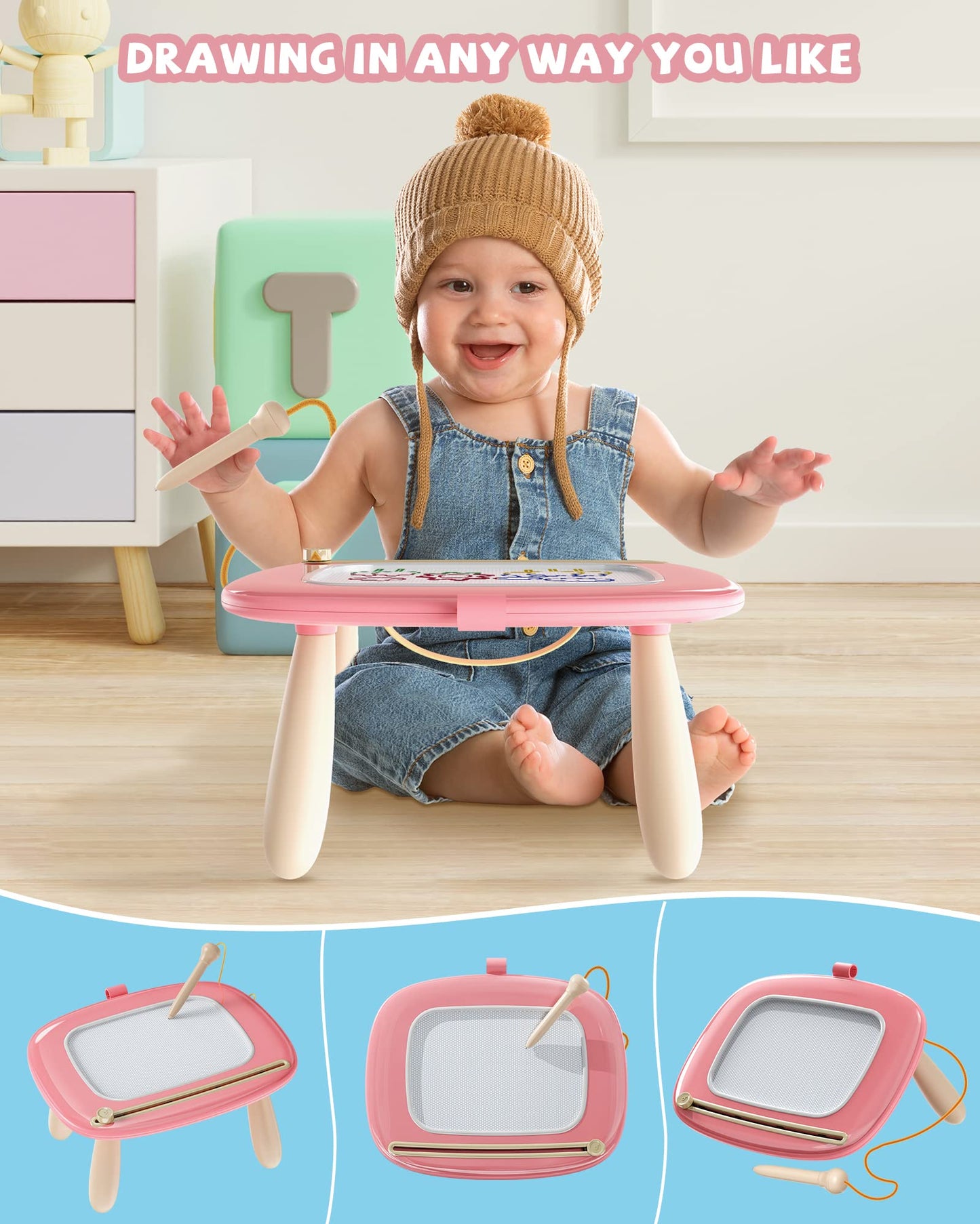 Kikapabi Toddler Magnetic Drawing Board – Pink 8.7” Doodle Toy for 1st Birthday and Travel