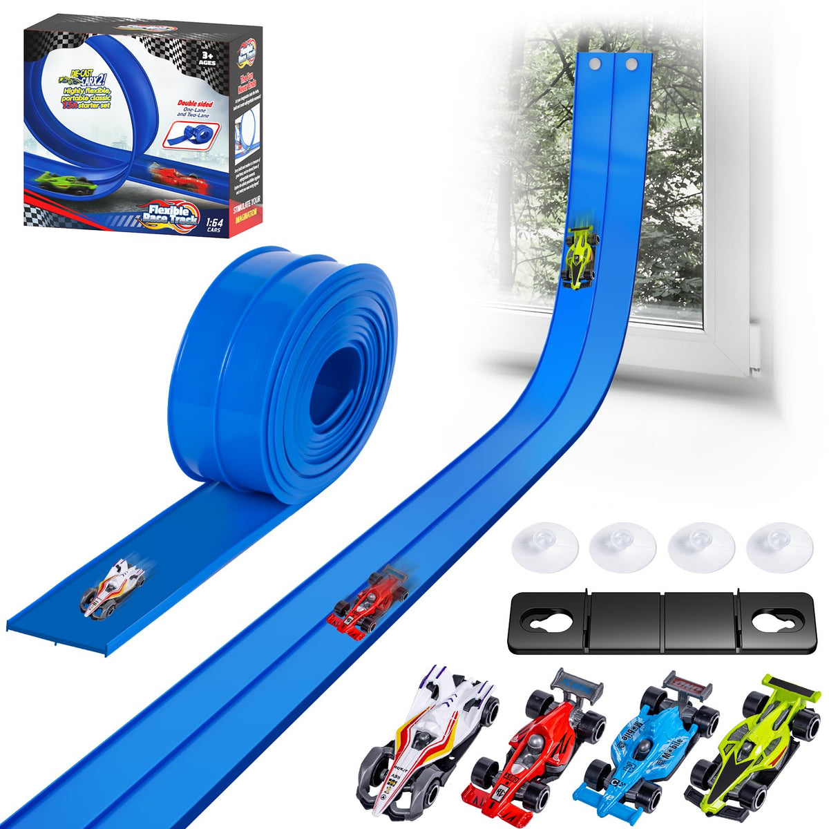 Kikikid 15 ft Flexible Race Track – Double-Sided, Portable Roll-Up with 4 Cars & Suction Cups (Ages 3–7) Blue