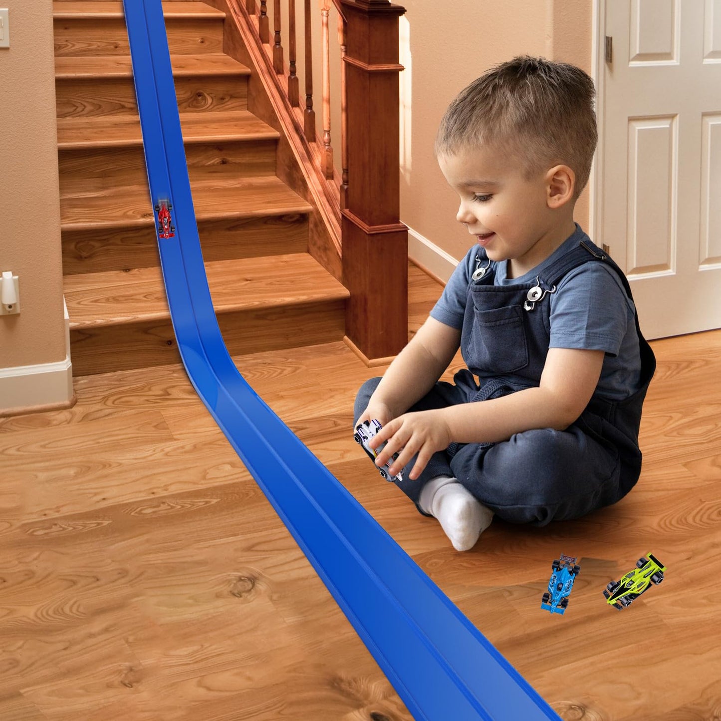 Kikikid 15 ft Flexible Race Track – Double-Sided, Portable Roll-Up with 4 Cars & Suction Cups (Ages 3–7) Blue