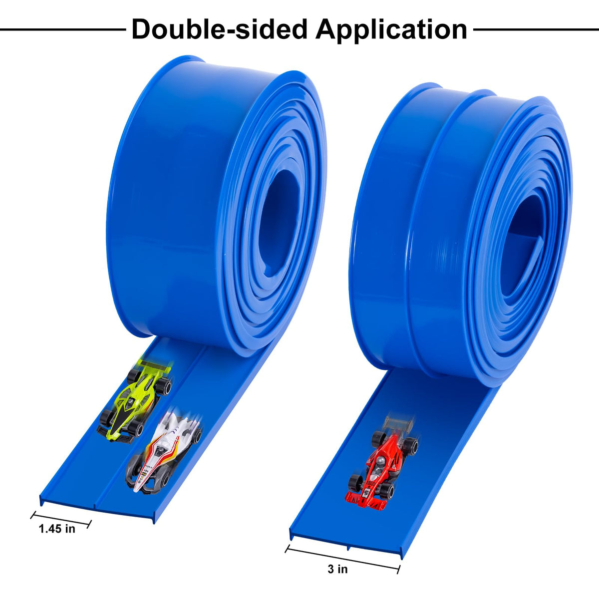 Kikikid 15 ft Flexible Race Track – Double-Sided, Portable Roll-Up with 4 Cars & Suction Cups (Ages 3–7) Blue