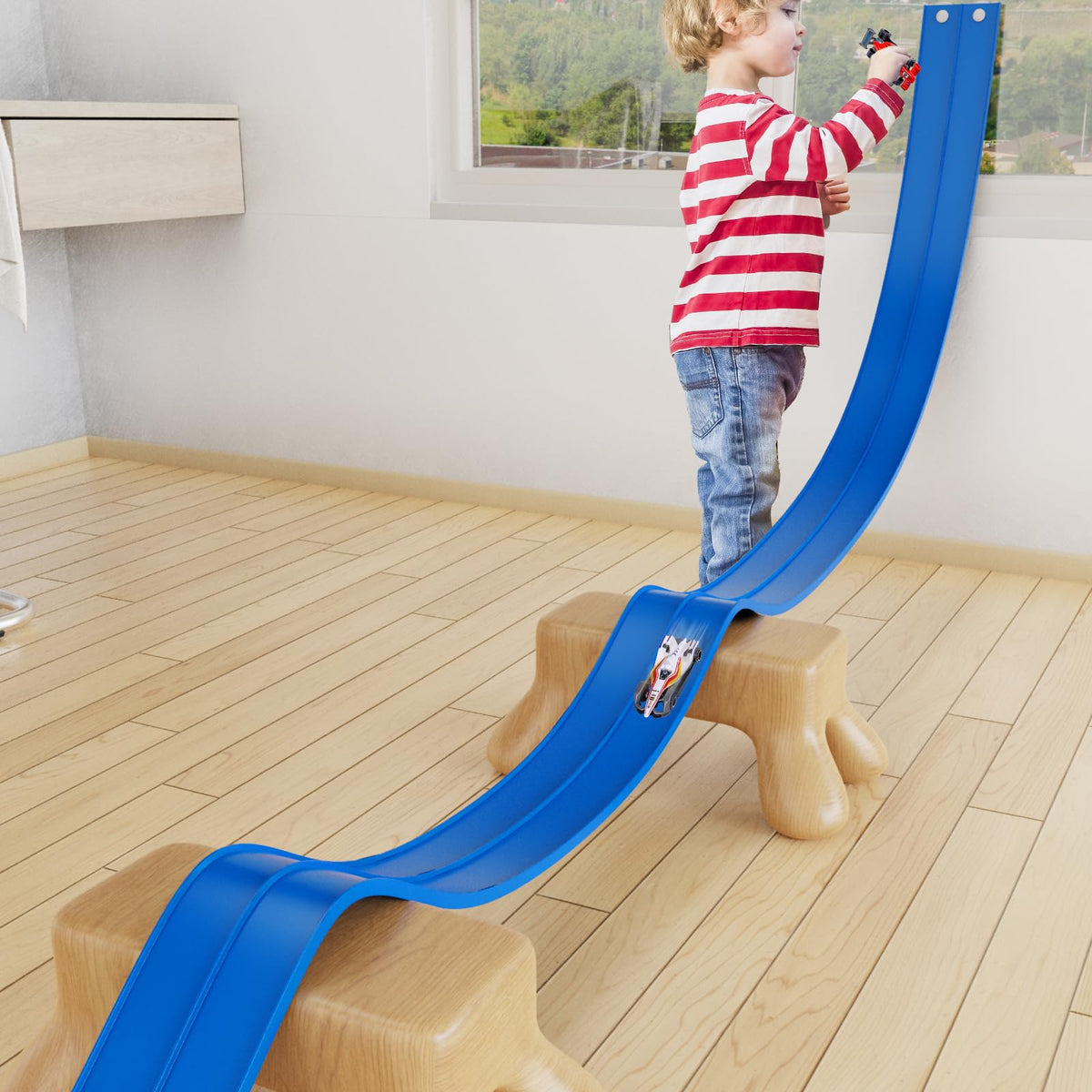 Kikikid 15 ft Flexible Race Track – Double-Sided, Portable Roll-Up with 4 Cars & Suction Cups (Ages 3–7) Blue