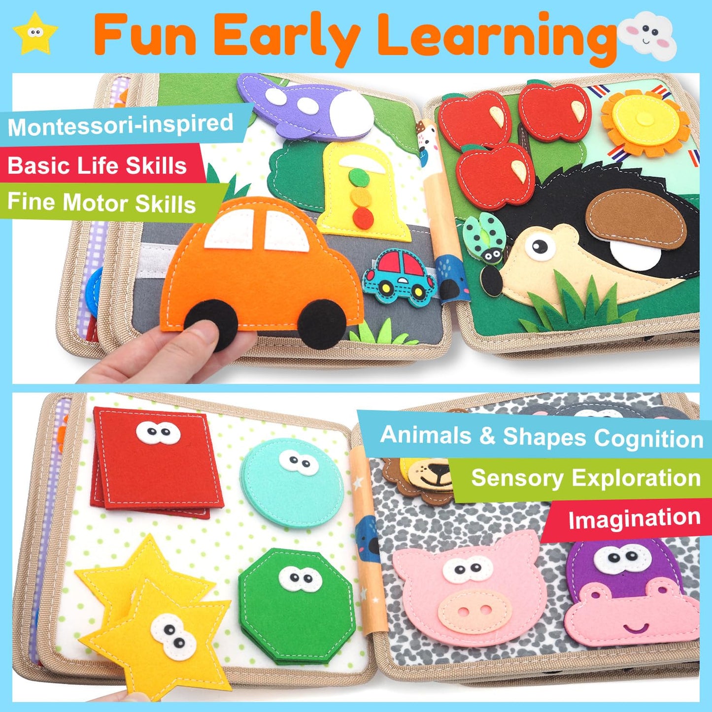 Kikiyaki Busy Book for Toddlers 1-3 | Montessori Felt Activity Toy