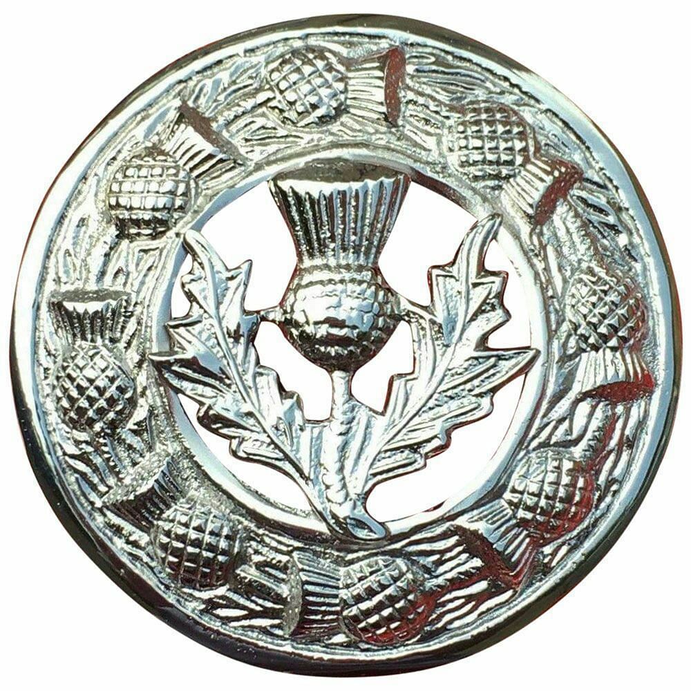 Kilt Fly Plaid Brooch Large With Scrolling Thistle Chrome Border Various Design