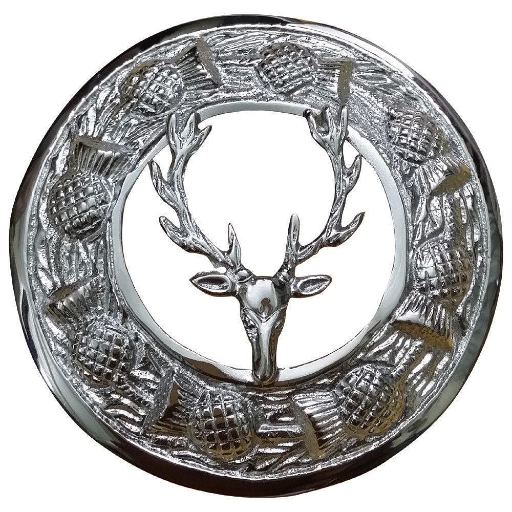 Kilt Fly Plaid Brooch Large With Scrolling Thistle Chrome Border Various Design