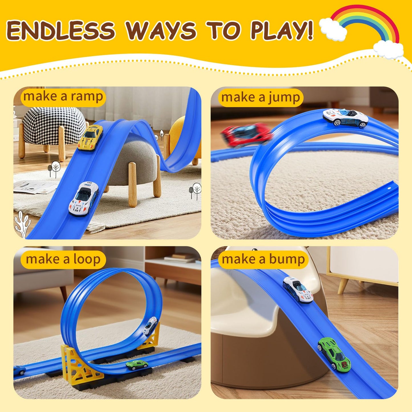 Kimdog Flexible Race Track for Kids — 15ft Dual-Lane Track with 4 Cars & 1:64 Scale