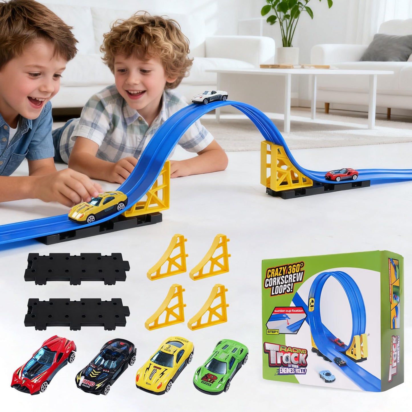Kimdog Flexible Race Track for Kids — 15ft Dual-Lane Track with 4 Cars & 1:64 Scale