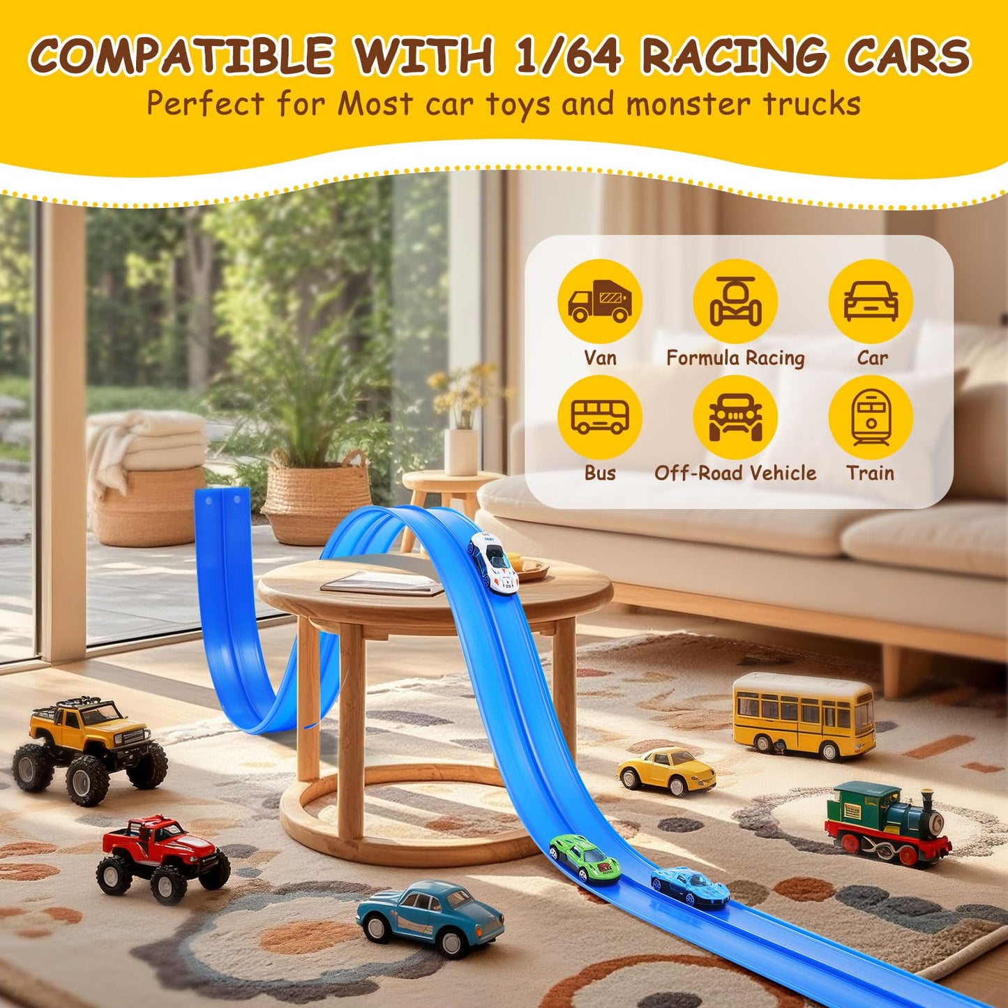 Kimdog Flexible Race Track for Kids — 15ft Dual-Lane Track with 4 Cars & 1:64 Scale