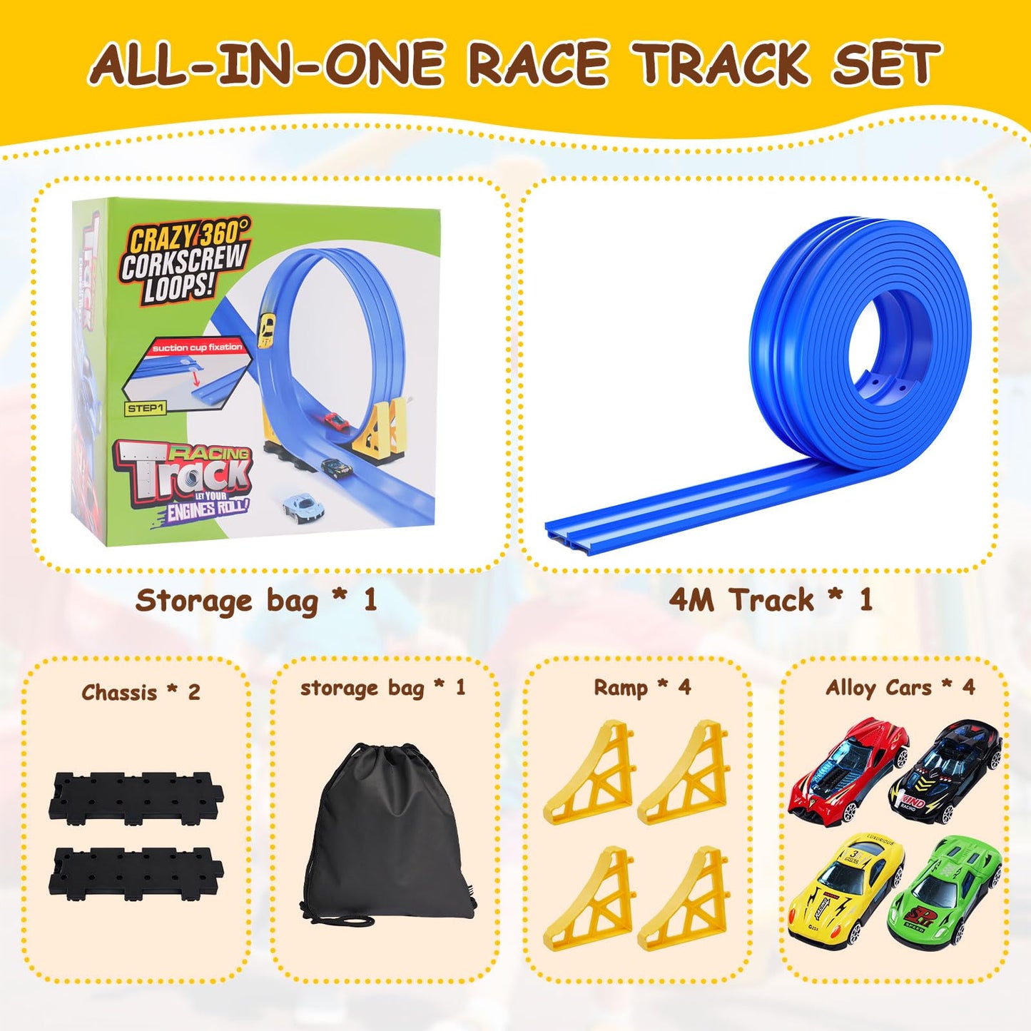 Kimdog Flexible Race Track for Kids — 15ft Dual-Lane Track with 4 Cars & 1:64 Scale