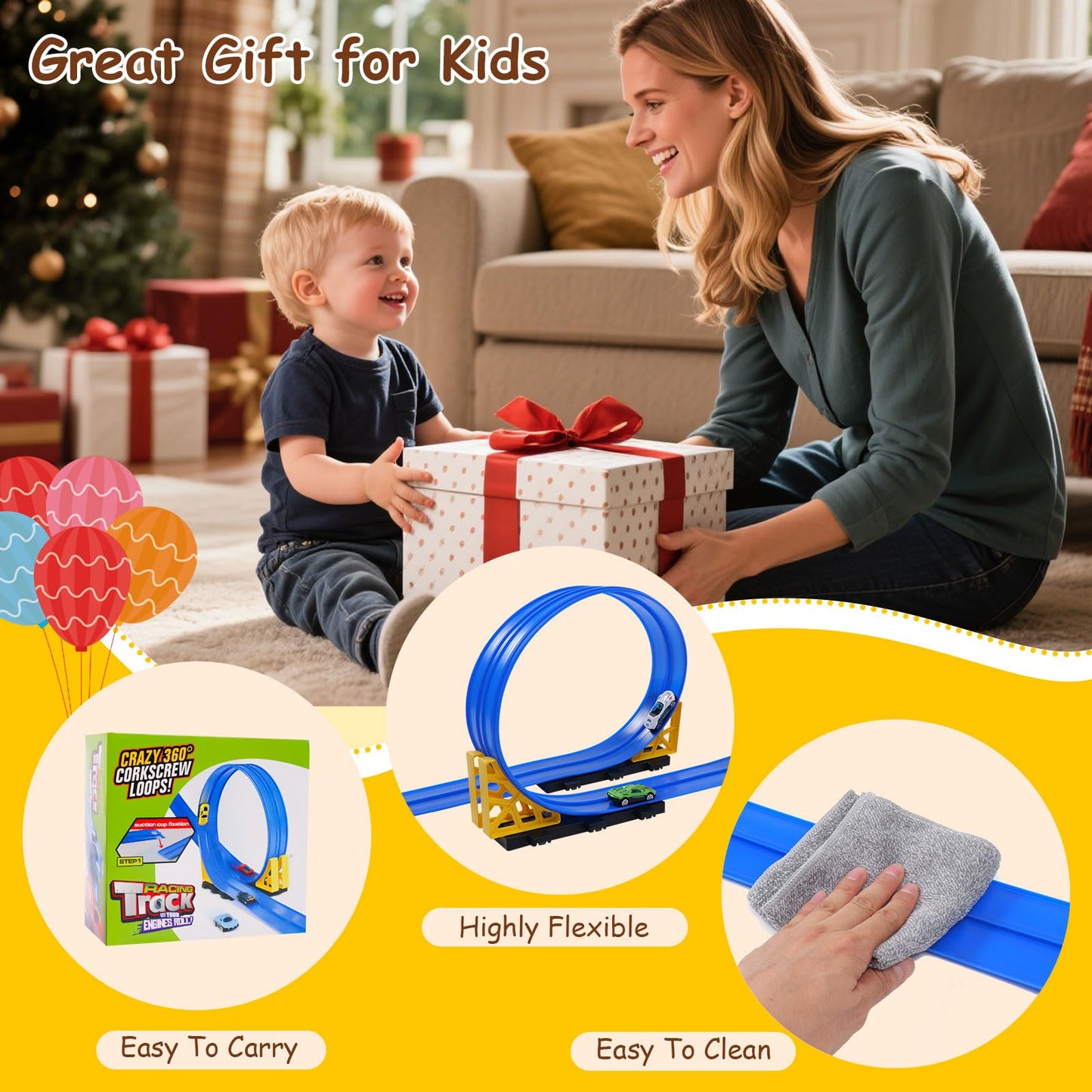 Kimdog Flexible Race Track for Kids — 15ft Dual-Lane Track with 4 Cars & 1:64 Scale