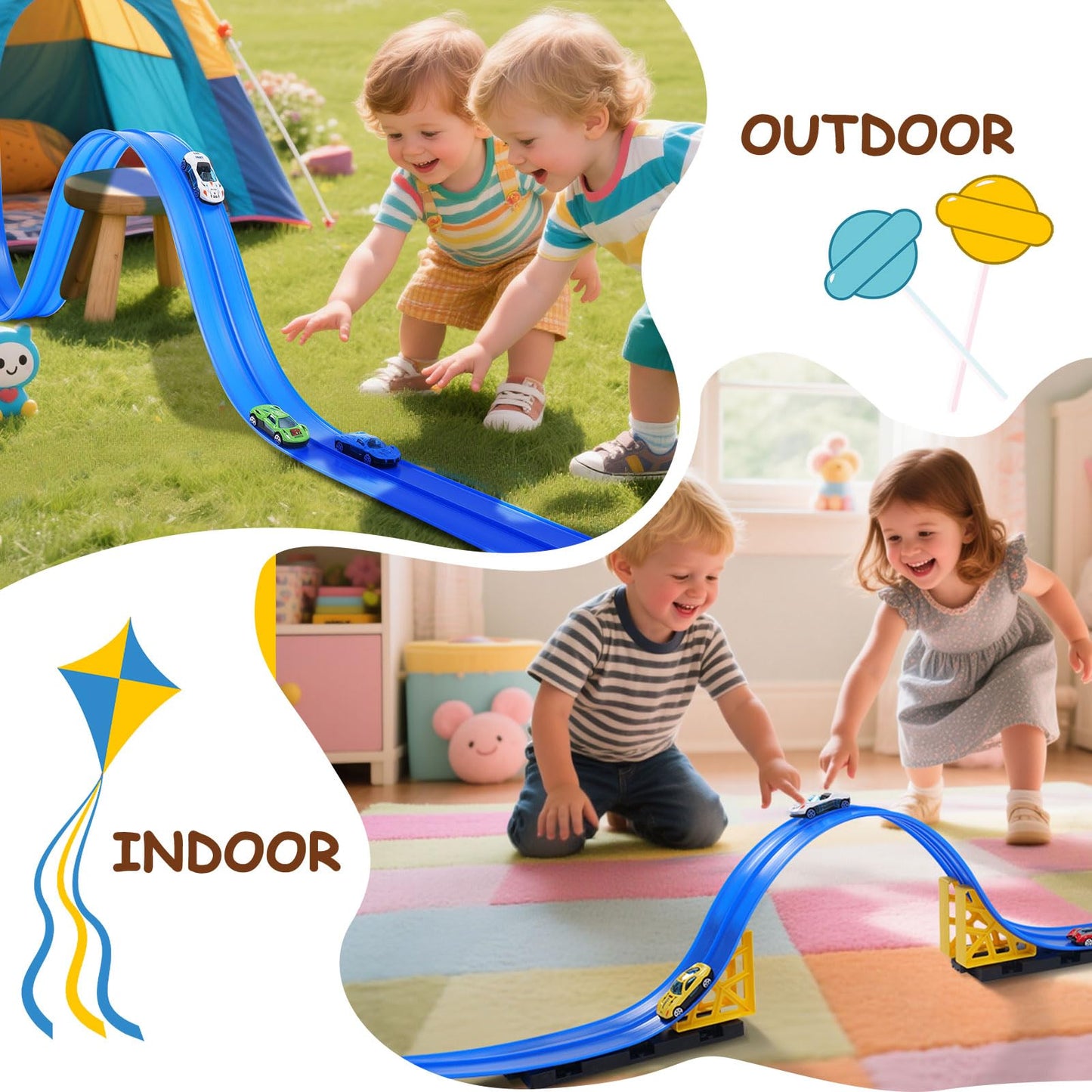Kimdog Flexible Race Track for Kids — 15ft Dual-Lane Track with 4 Cars & 1:64 Scale