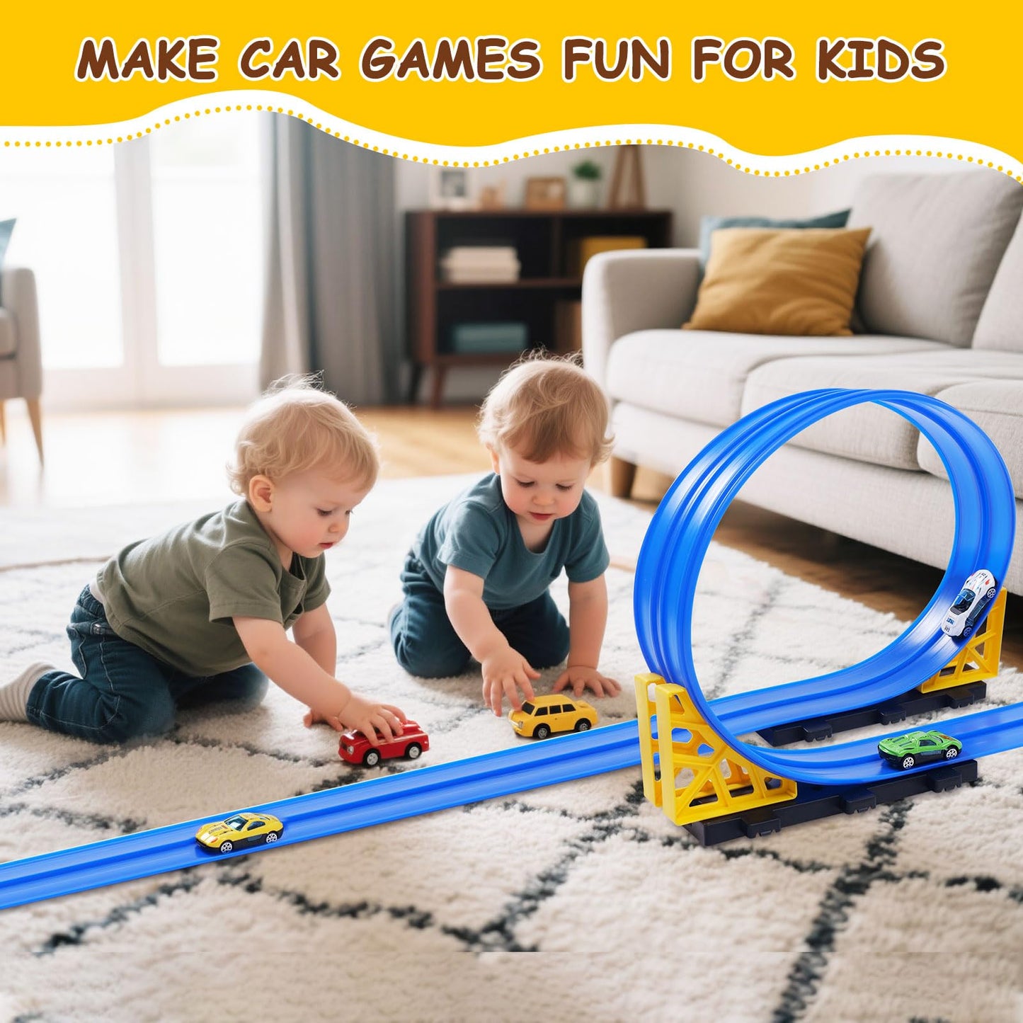 Kimdog Flexible Race Track for Kids — 15ft Dual-Lane Track with 4 Cars & 1:64 Scale