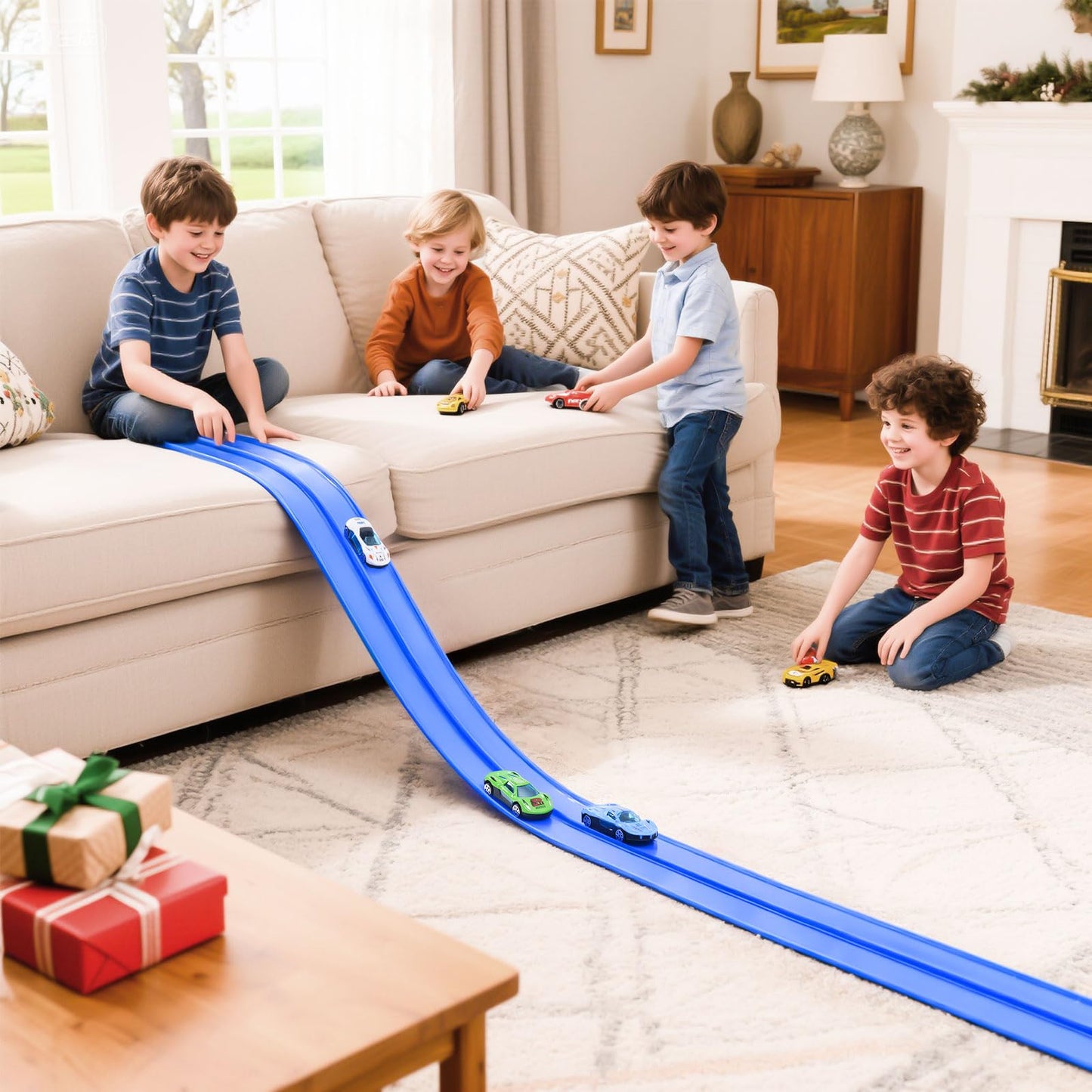 Kimdog Flexible Race Track for Kids — 15ft Dual-Lane Track with 4 Cars & 1:64 Scale