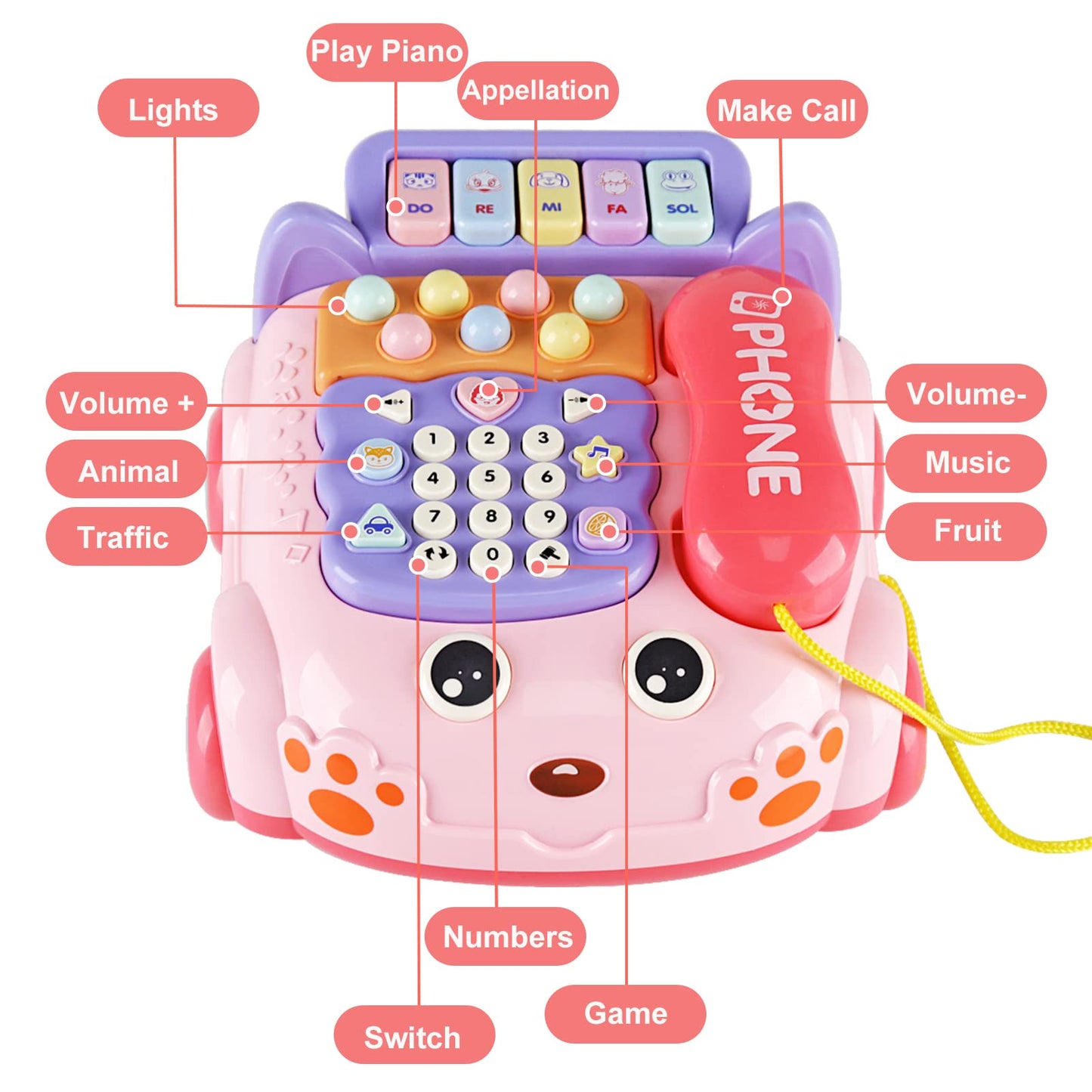 Kimery Baby Phone Toy – Interactive Cartoon Phone with Lights, Piano & Early Learning (Pink, 18M+)
