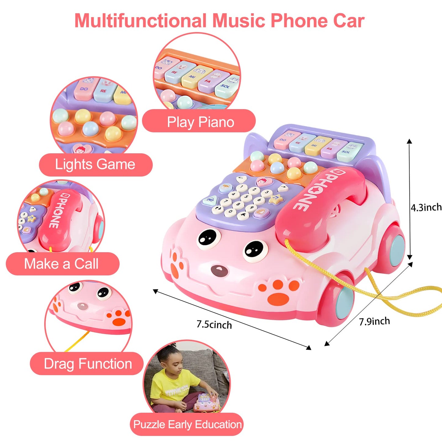 Kimery Baby Phone Toy – Interactive Cartoon Phone with Lights, Piano & Early Learning (Pink, 18M+)