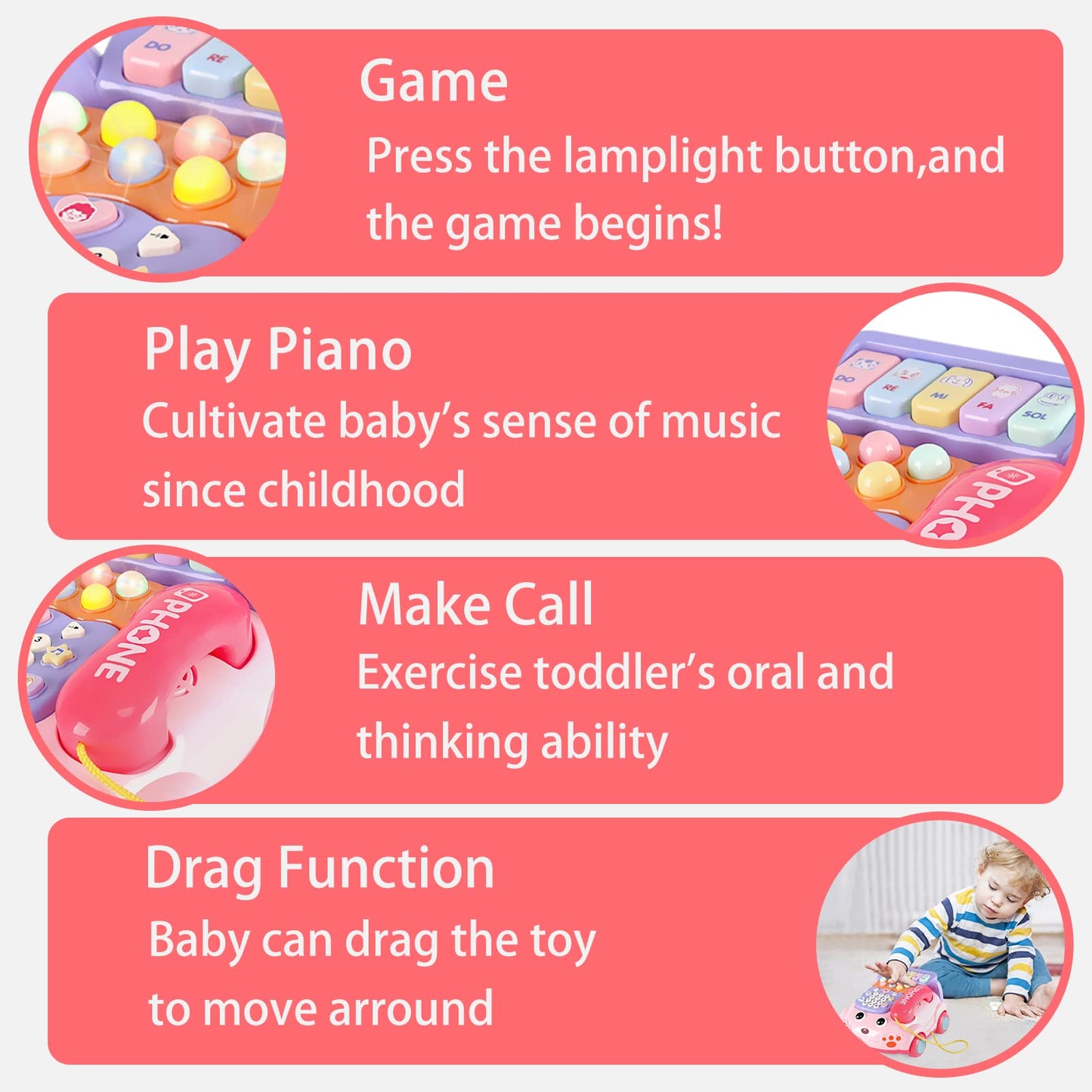 Kimery Baby Phone Toy – Interactive Cartoon Phone with Lights, Piano & Early Learning (Pink, 18M+)